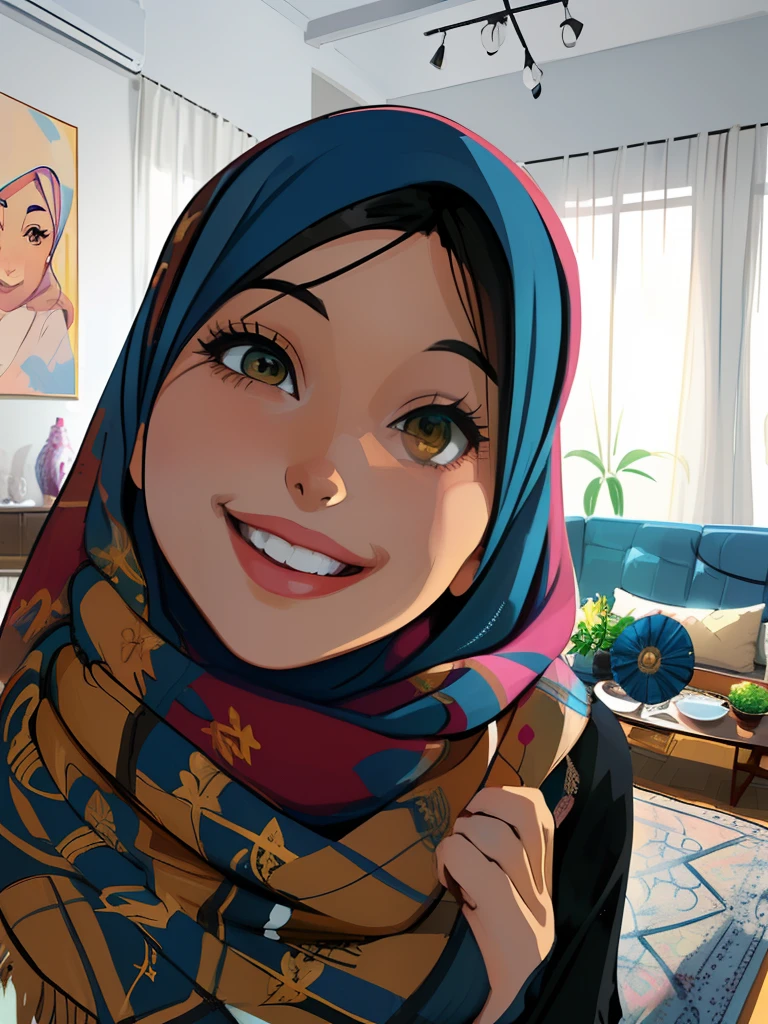 smiling woman in a scarf and head scarf in a living room, beautiful iranian woman, toon, cartoon, painting, anime