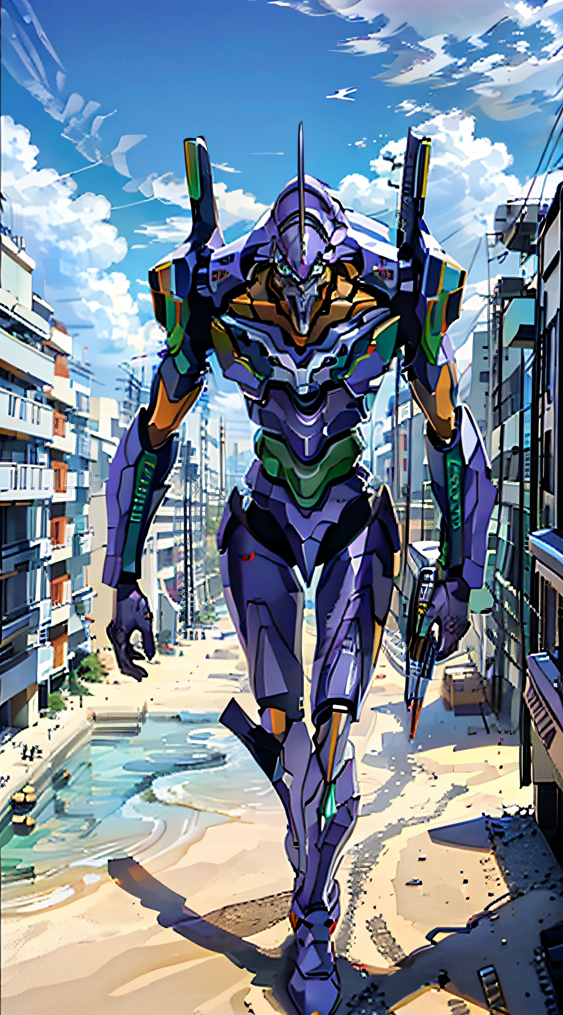 ((eva 01), evagod:1.1), evagenlion, Concept Design, sci-fic character design, SCIENCE FICTION, giant robot, advanced metal and Ceramic Mecha, Accurate EVA 01 head details, high-tech, huge android, (outdoor, sky, clouds), global illumination, edge light, octane rendering, ray tracing, 4k, best quality, masterpiece, high resolution, very detailed, scientific anatomy, carbon fiber, titanium, surrealism, anatomy, beautiful Tokyo-3 background, CG, unity, wallpaper, futurism, epic, apocalypse, sci-fi fighter, giant mechanic, correct perspective