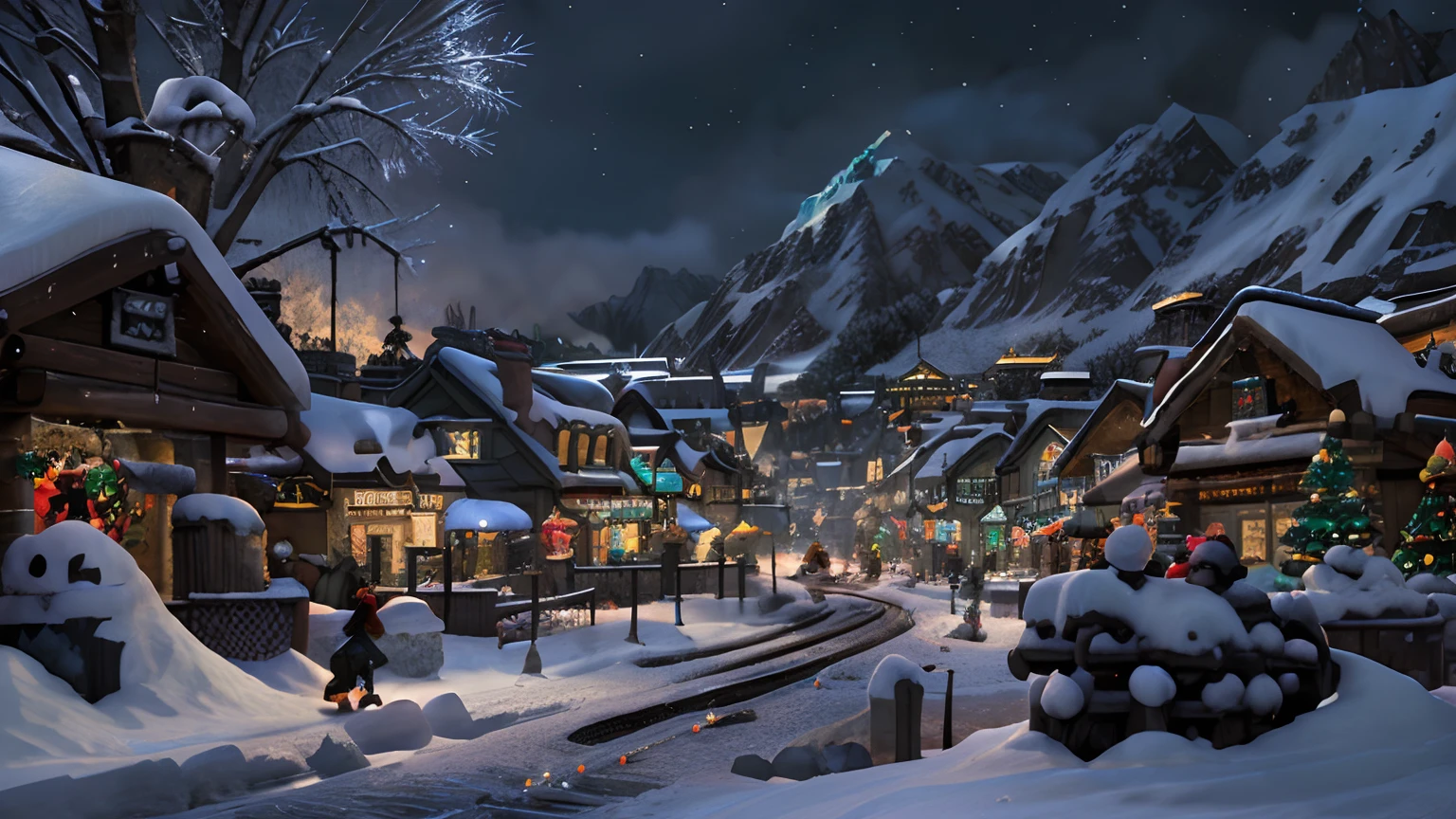 snowy village with a train and a christmas tree in the middle, winter concept art, blizzard hearthstone concept art, background artwork, stylized concept art, town background, a bustling magical town, nightime village background, hearthstone concept art, fantasy town setting, hearthstone card game artwork. ”, snowy winter christmas night, medeival fantasy town, magical village, town center background