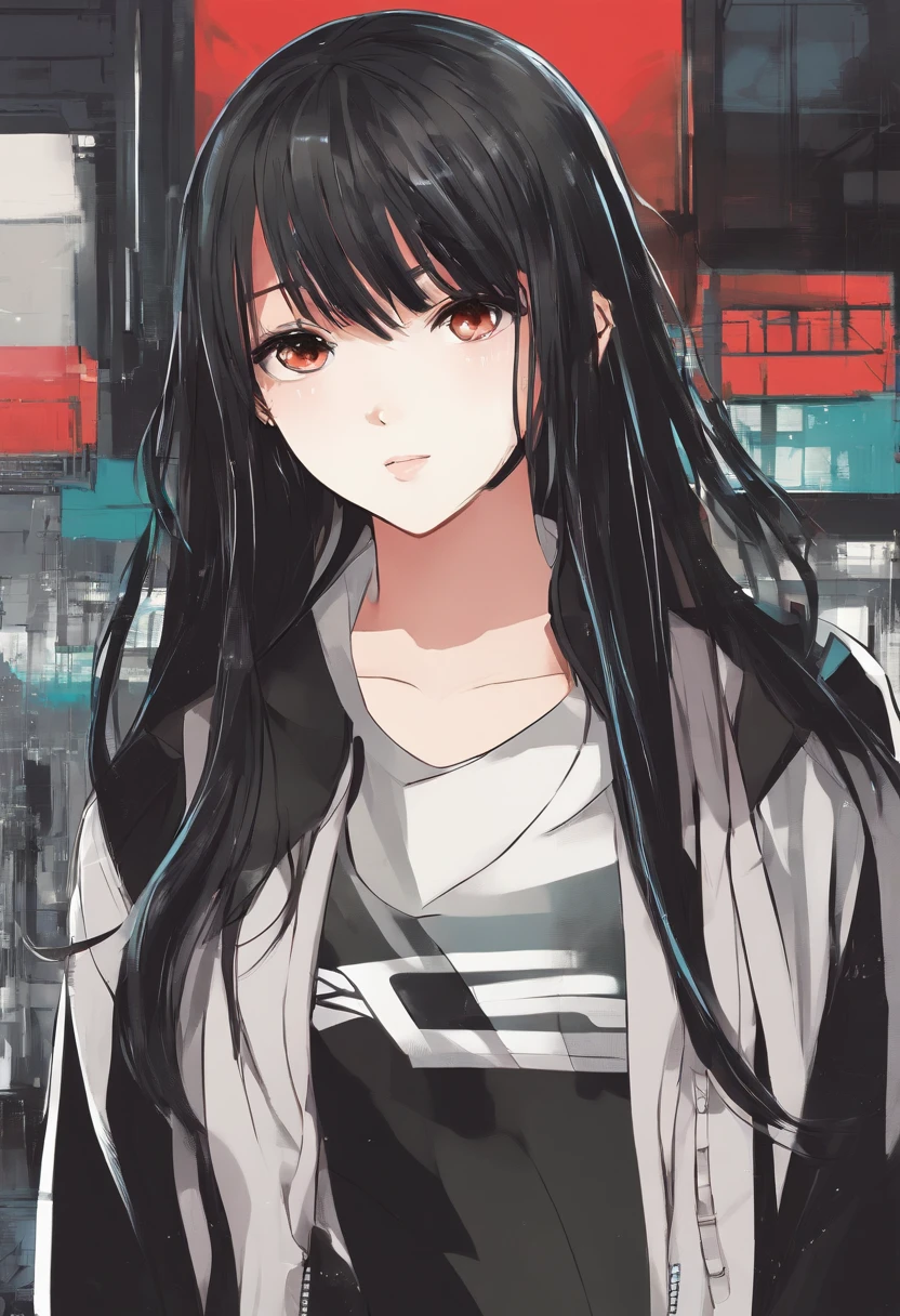 18-year-old girl, with dark skin, long straight black hair with bangs and brown eyes, wearing a black T-shirt and red jacket