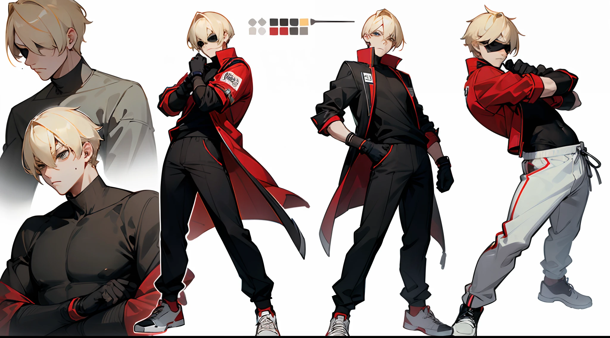 Tall boy with blonde hair, bangs covering his eyes, White Skin Skin, ((Athletic body)), Pose Jitai, (wearing a black t-shirt underneath a red racing jacket), ((wearing black gloves)), urban fashion, white sneakers, fighting game character, lateral face, Full-length, Front, Side, Back Views, enviroment change scene, full body, ((Character Sheet)), ((several poses and expressions)), white background,