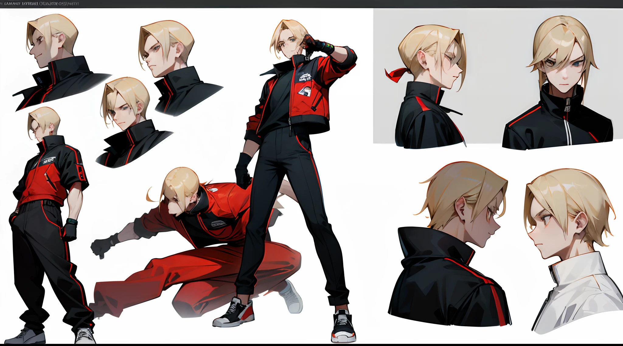 Tall boy with blonde hair, bangs covering his eyes, White Skin Skin, ((Athletic body)), Pose Jitai, (wearing a black t-shirt underneath a red racing jacket), ((wearing black gloves)), urban fashion, white sneakers, fighting game character, lateral face, Full-length, Front, Side, Back Views, enviroment change scene, full body, ((Character Sheet)), ((several poses and expressions)), white background,
