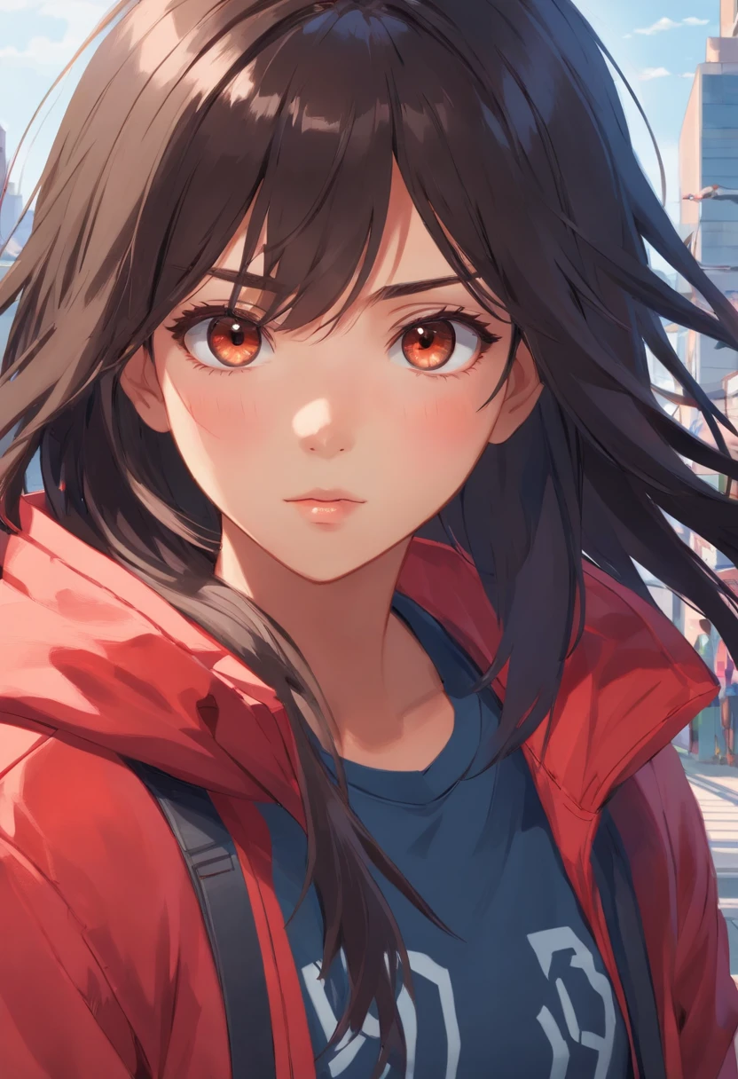 (highres,realistic),(HDR,professional),portrait of (1girl),(extremely detailed eyes and face),(beautiful detailed eyes,long eyelashes),(dark skin),(long straight black hair with bangs),(brown eyes),(black T-shirt),(red jacket)