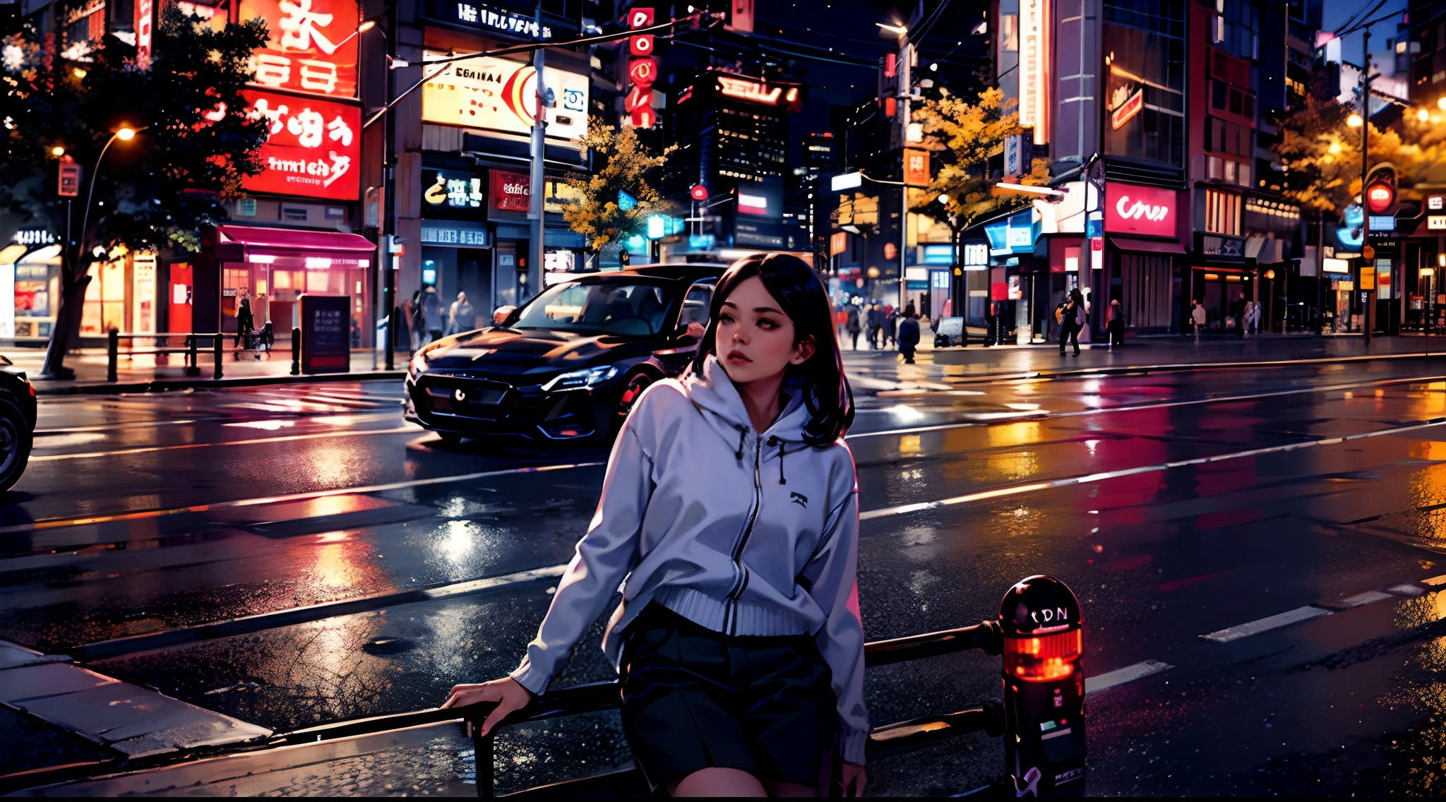 seductive woman in white jacket standing on a bench in a city at night, a sports car behind her in a Tokyo street, sitting in Tokyo, in Tokio, in the streets of Tokyo, in Neo Tokyo, in Neotokyo, taken in 2 0 2 0, in city street, at a city street, posing in neo - tokyo futuristic, chiho, in the city, standing in a city center, (cyberpunk), perfect eyes