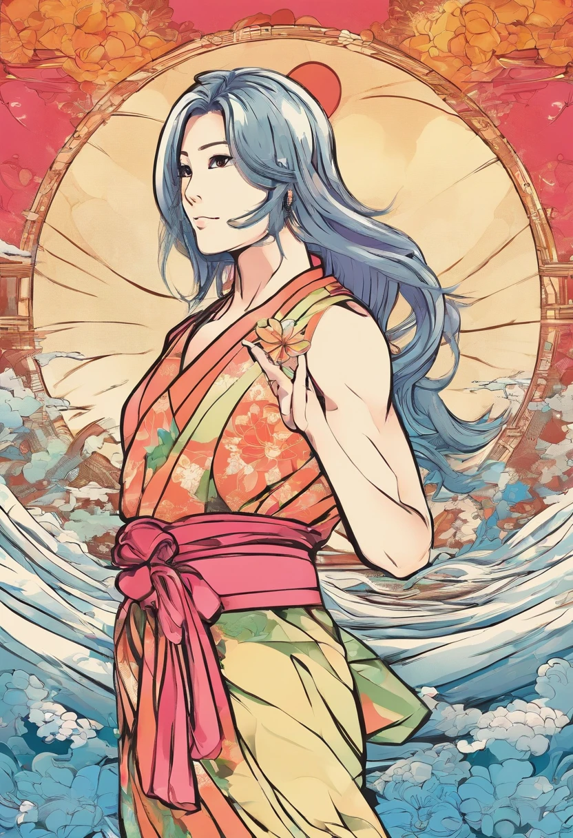 (muscular woman), big biceps, in yukata