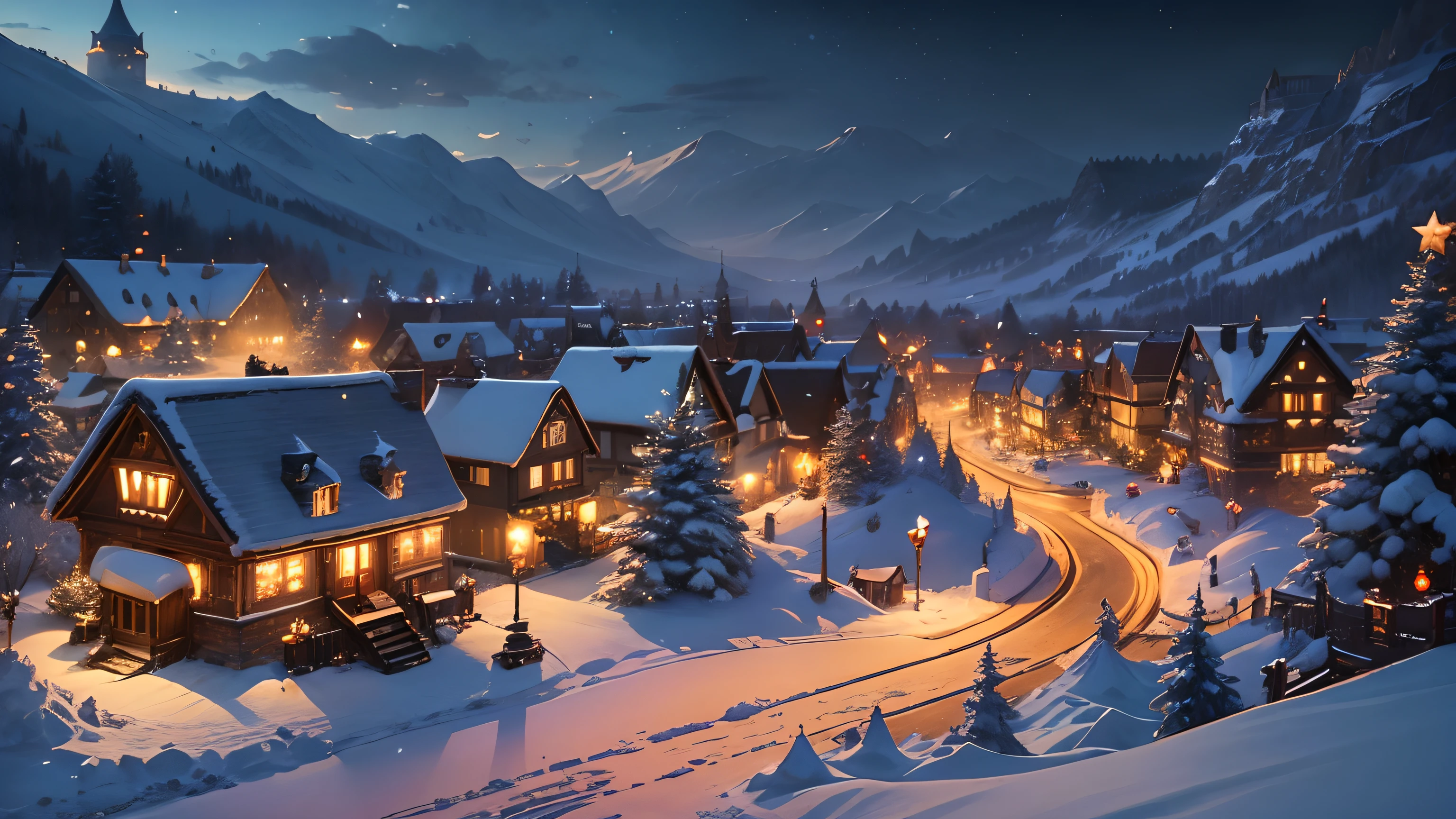 ((masterpiece)), (8k, high_resolution), (best quality), ultra-detailed, snowfall, snowy village with a train and a christmas tree in the middle, winter concept art, blizzard hearthstone concept art, background artwork, stylized concept art, town background, a bustling magical town, nightime village background, hearthstone concept art, fantasy town setting, hearthstone card game artwork, snowy winter christmas night, medeival fantasy town, magical village, town center background