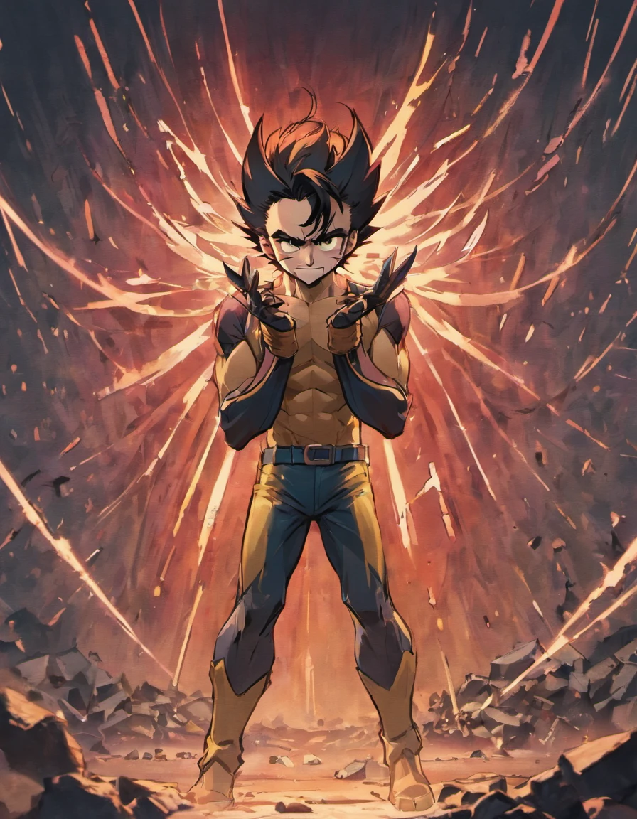 Wolverine de corpo inteiro com raiva, olhar seco, caos, pedras, wreckage, ambiente vermelho.