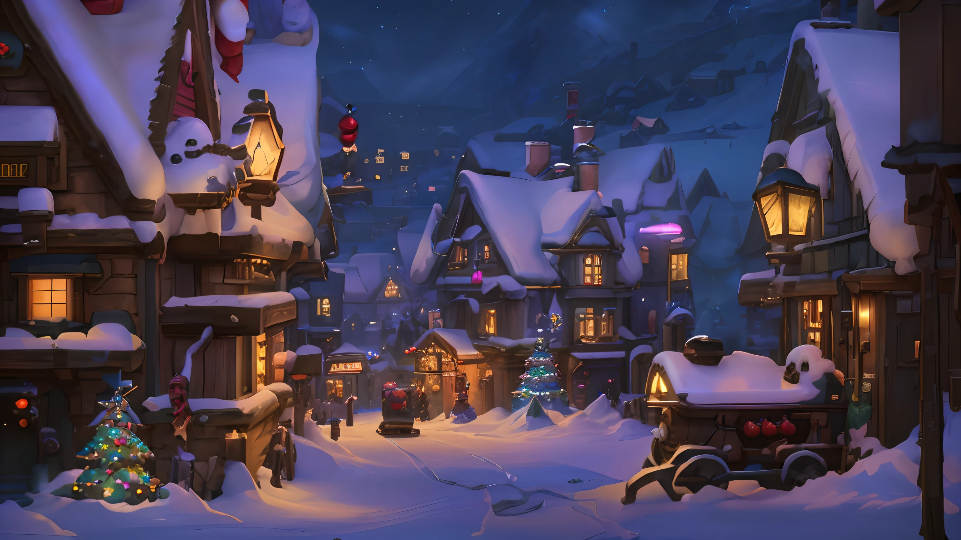 ((masterpiece)), (8k, high_resolution), (best quality), ultra-detailed, snowy village with a train and a christmas tree in the middle, winter concept art, blizzard hearthstone concept art, background artwork, stylized concept art, town background, a bustling magical town, nightime village background, hearthstone concept art, fantasy town setting, hearthstone card game artwork. ”, snowy winter christmas night, medeival fantasy town, magical village, town center background