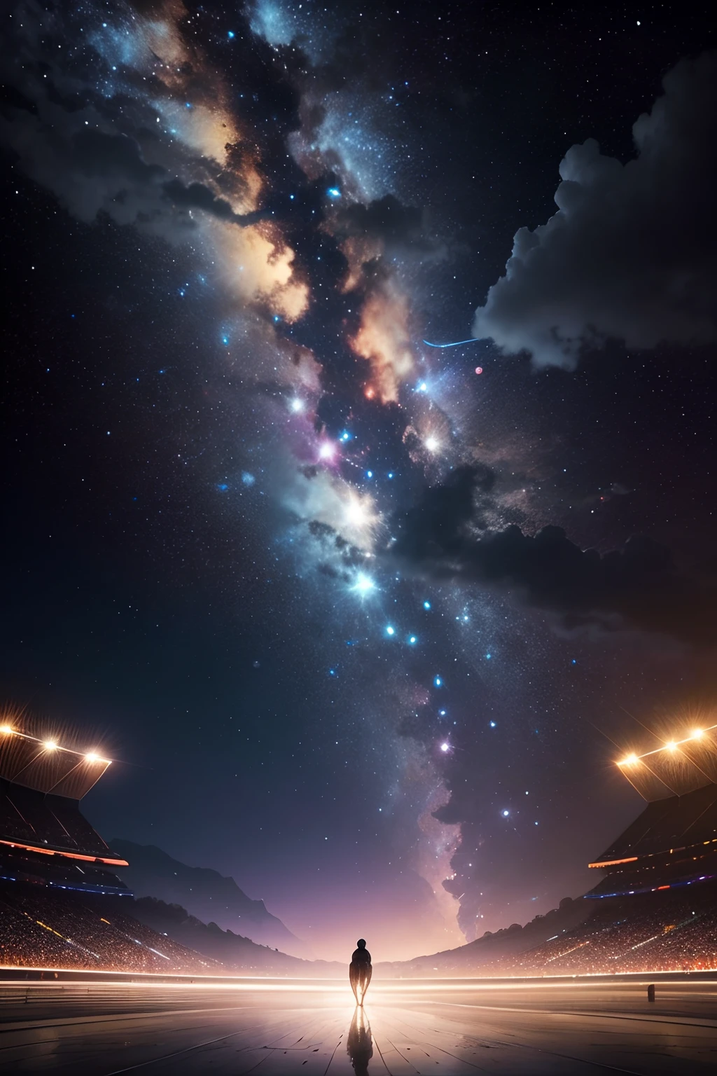 A vibrant world like a sparkling universe. Imagine an atmosphere that reflects the brilliance and vastness of the universe. Imagine a large Velodrome decorated with dazzling lights, Many stars twinkling in the distance, And the pale lightning that rained down from heaven, Eight shining cyclists are galloping. The building must have a celestial aura, As if it were part of the constellations of the universe. Capture wonder and awe inspired by the sparkling beauty of the universe,