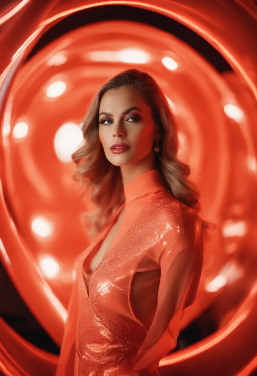 A woman in a coral-colored plastic suit,Cabello largo,Pose segura,Mirando a lo lejos,ojos brillantes,Entorno futurista,Neon lights,Superficies reflectantes,Science-Fiction,Arte conceptual,Altas Resoluciones,Ultra detallado,vivid colors,dynamic lighting,Bokeh