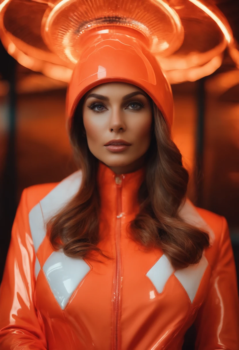 A woman in a coral-colored plastic suit,Cabello largo,Pose segura,Mirando a lo lejos,ojos brillantes,Entorno futurista,Neon lights,Superficies reflectantes,Science-Fiction,Arte conceptual,Altas Resoluciones,Ultra detallado,vivid colors,dynamic lighting,Bokeh