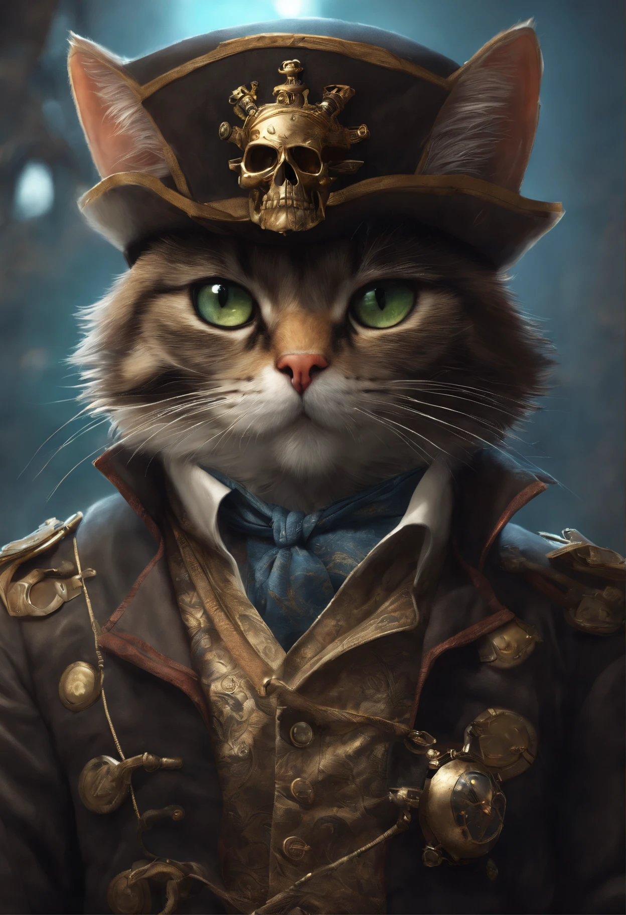 Cyberpunk pirate cat with skull and crossbones, segurando faca, Retrato de um gato na forma de um pirata, arte digital detalhada bonito, gato steampunk, gato antro, gato antro, arte digital 4K altamente detalhada, arte superdetalhada, fanart melhor artstation, retrato pirata, Yang J, trending on artstation pixiv, art-station