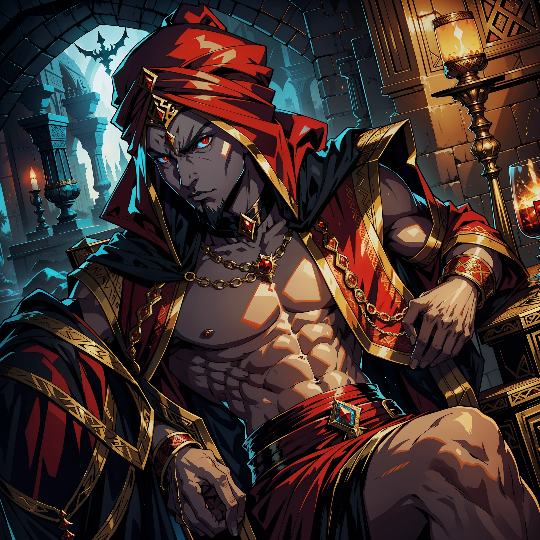man, hair covering her face blonde, brown skin, naked, with big pecs, with red hood, with lots of hair on his chest