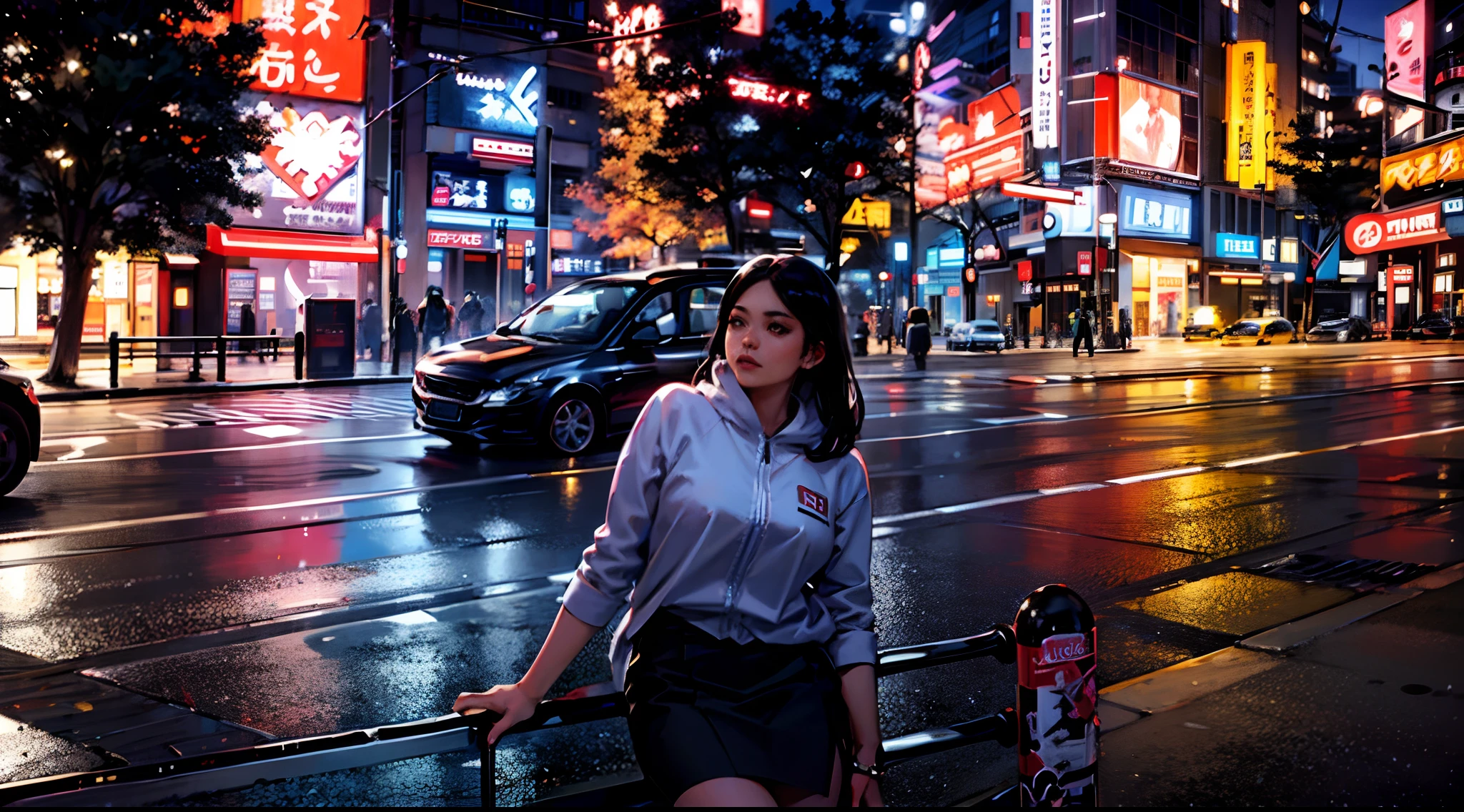 seductive woman in white jacket and slit skirt standing on a bench in a city at night, a sports car behind her in a Tokyo street, sitting in Tokyo, in Tokio, in the streets of Tokyo, in Neo Tokyo, in Neotokyo, taken in 2 0 2 0, in city street, at a city street, posing in neo - tokyo futuristic, chiho, in the city, standing in a city center, super vibrant (cyberpunk), ((beautiful and perfect eyes)), (nsfw)