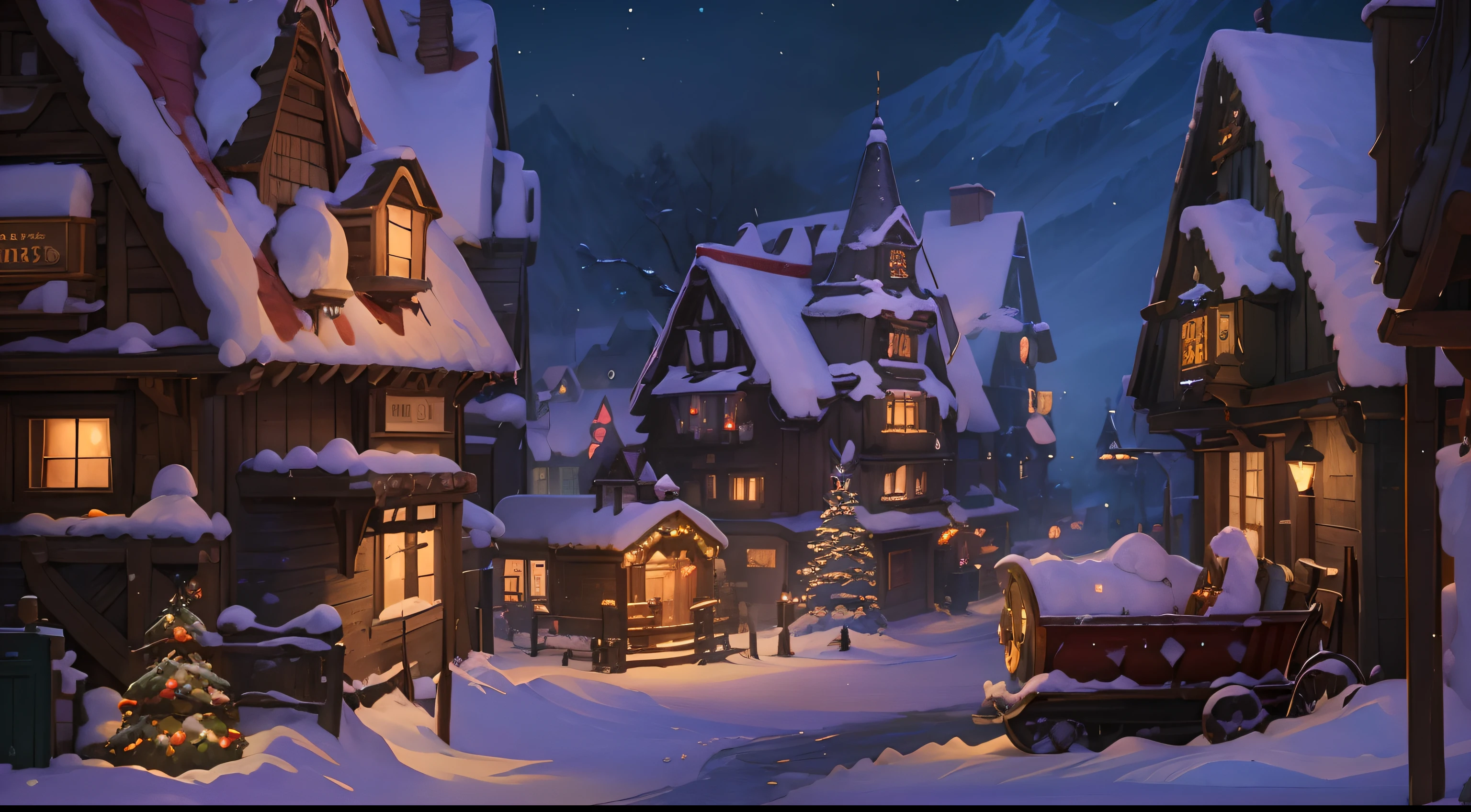 ((masterpiece)), (8k, high_resolution), (best quality), ultra-detailed, snowy village with a train and a christmas tree in the middle, winter concept art, blizzard hearthstone concept art, background artwork, stylized concept art, town background, a bustling magical town, nightime village background, hearthstone concept art, fantasy town setting, hearthstone card game artwork, snowy winter christmas night, medeival fantasy town, magical village, town center background