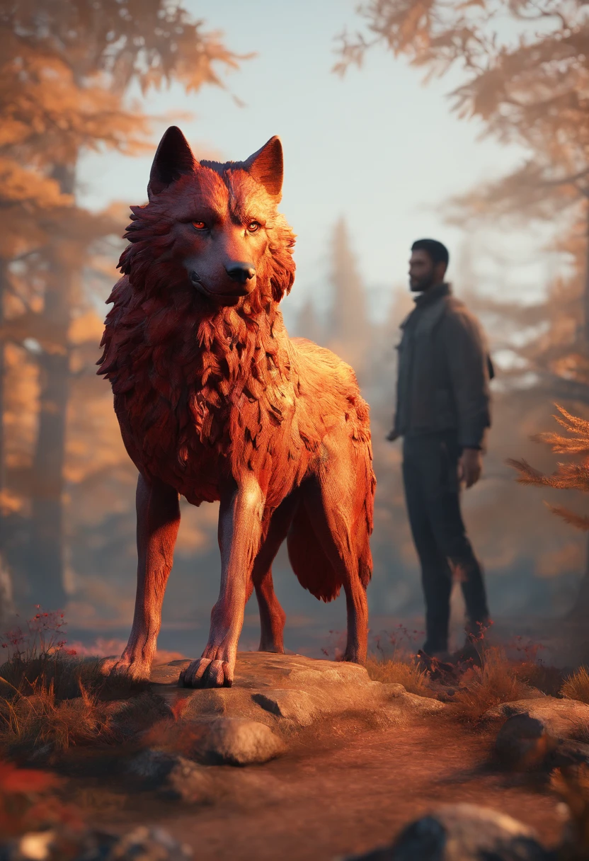 ultra realistic, homem atraente arrojado com cabelo vermelho brilhante, encarna o olhar como Constantino, Shadow creature standing behind him in the form of a wolf