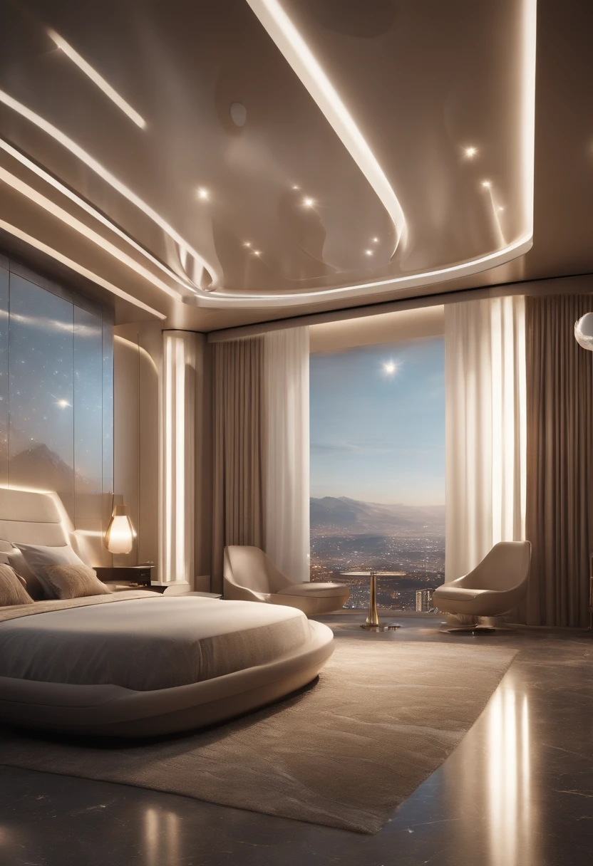 (best quality,4k,8k,highres,masterpiece:1.2),ultra-detailed,(realistic,photorealistic,photo-realistic:1.37),sci-fi interior of a space hotel,luxurious bedroom and furniture,high-tech lighting,extravagant futuristic design,spacious room with floor-to-ceiling windows,overlooking breathtaking views,advanced holographic control panel,soft ambient lighting,metallic textures,smooth curved lines and sleek surfaces,sophisticated art deco-inspired patterns,zero-gravity sleeping pods,comfortable floating bed,decorative glowing orbs,floor covered in plush,white faux fur,refined silk curtains,automation system for temperature and lighting adjustment,elegant robotic butlers serving drinks,impeccable attention to detail,captivating painting of a distant galaxy,cosmic-themed wall murals,subtle yet dramatic color palette,bluish hues with silver accents,crystal chandeliers emitting soft blue glow,high-end finishes and materials,ornate decorative elements,transparent polycarbonate dividers,comfortable egg-shaped chairs suspended from the ceiling,shimmering metallic golden accents,innovative floating fireplace,sparkling fiber optics on the ceiling resembling stars,high-speed space elevator connecting the hotel with the ground station,stunning reflection of Earth in the window's glass,paramount level of luxury and opulence,seamless integration of technology and comfort,extravagant experience in the depths of the cosmos.