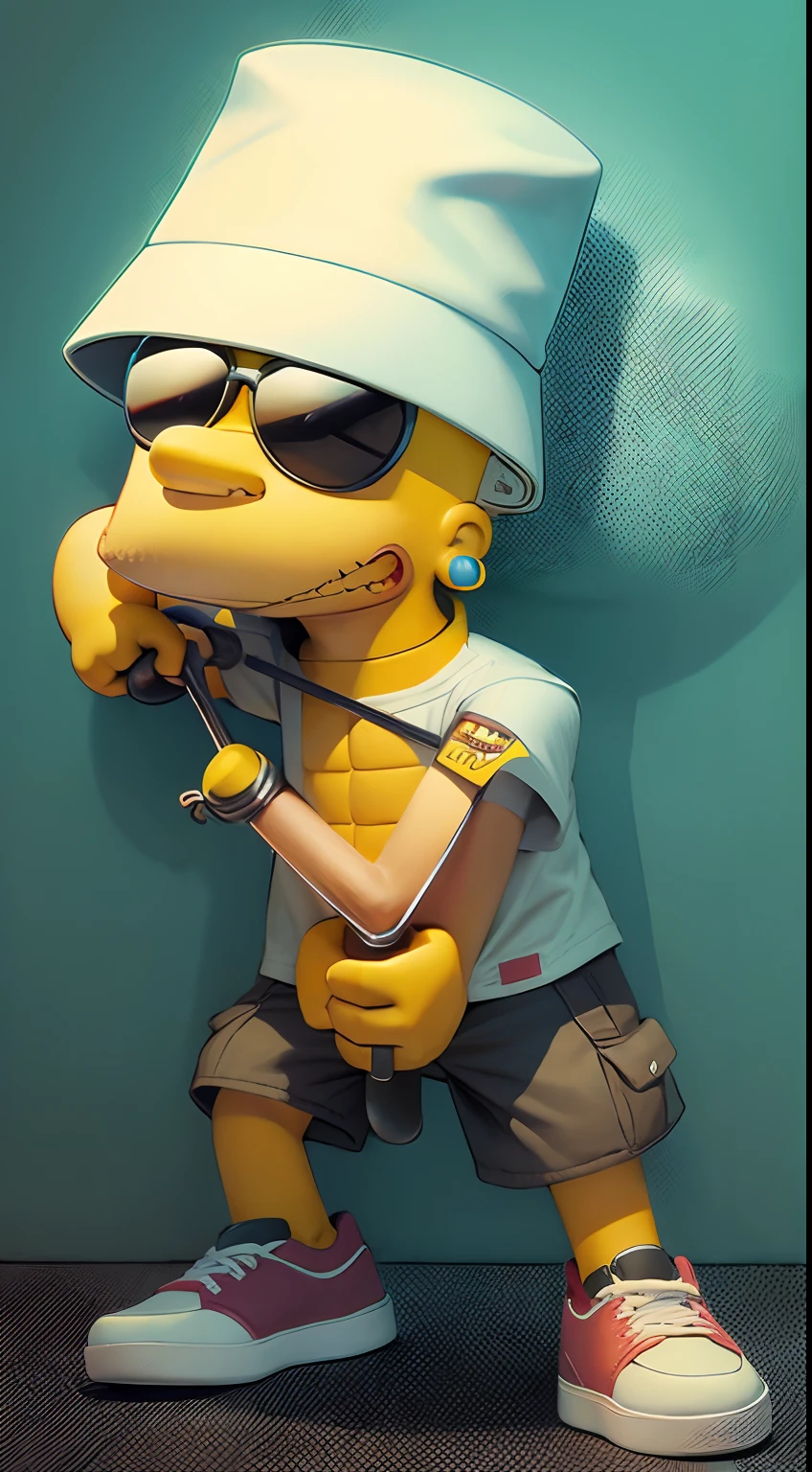 Bart Simpson with a slingshot in his hand, bucket hat, Sunglass, Sapatos Nike,