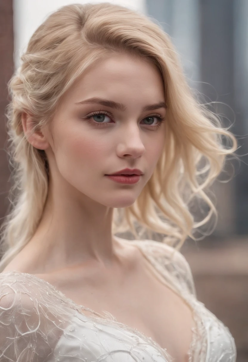 18 Yo girl, White Spider-Man dress, with long coiled hair, Blonde, Beautiful face, rain, Roof, Masterpiece, intricately details, Perfect anatomy, Facial and body details.