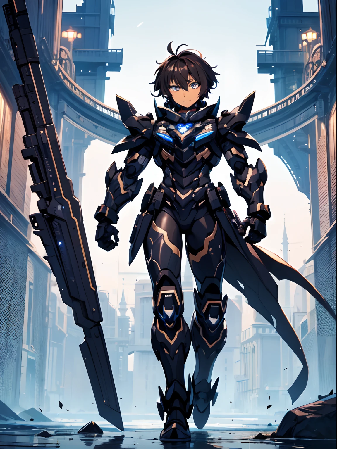 Masterpiece, highres, High quality, Dark skin child, male, long dark brown hair, big innocent blue eye's, wearing a black full body magical boy powersuit, black mecha black magical boy armour,