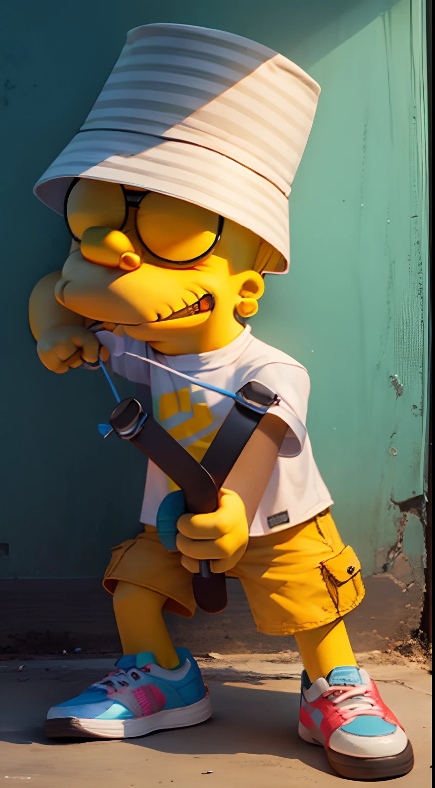 Bart Simpson with a slingshot in his hand, bucket hat, Sunglass, Sapatos Nike,