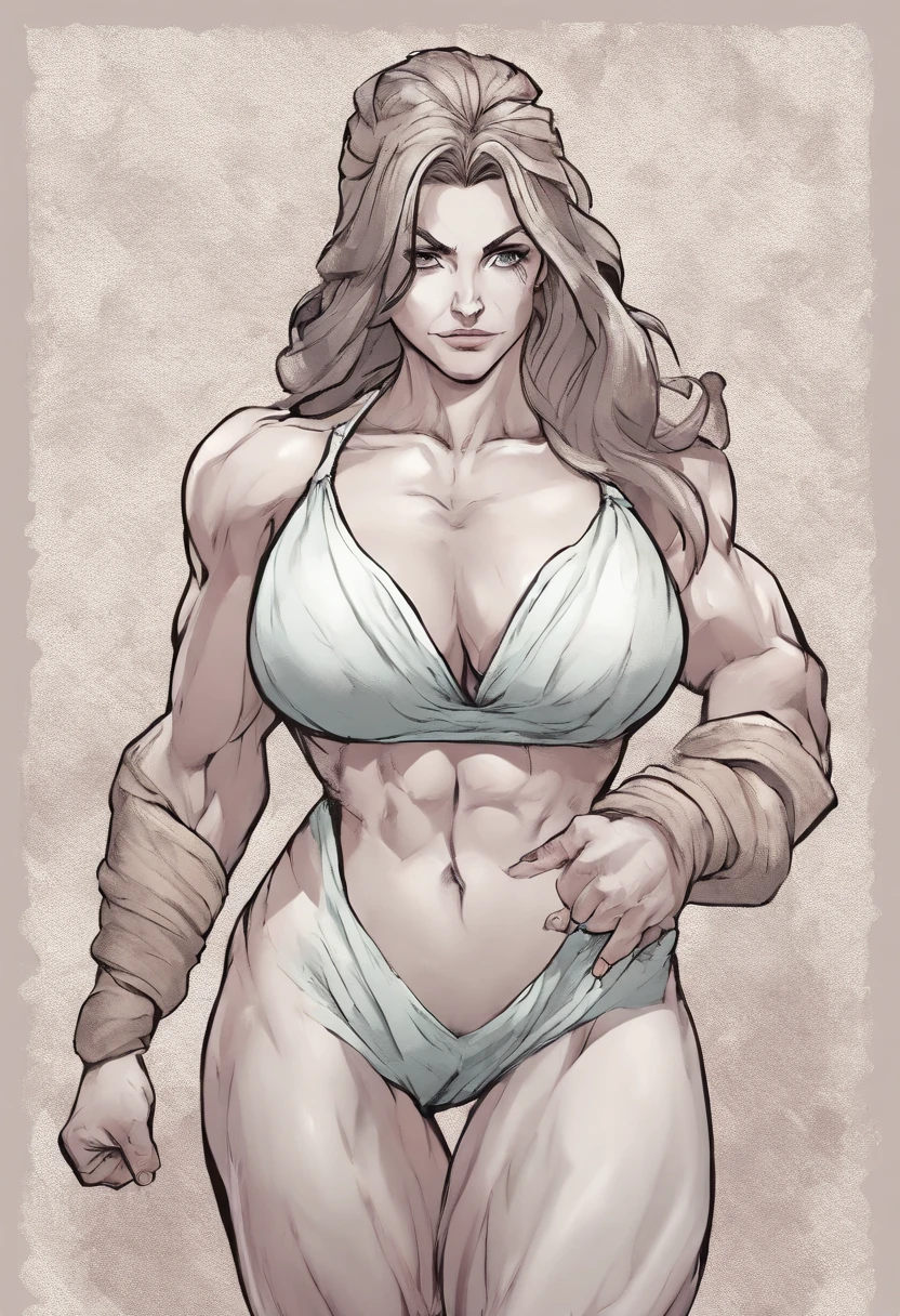 ((Massive Muscular body type woman,)) ((massive biceps)), in a bathrobe, ((massive body on steroids))