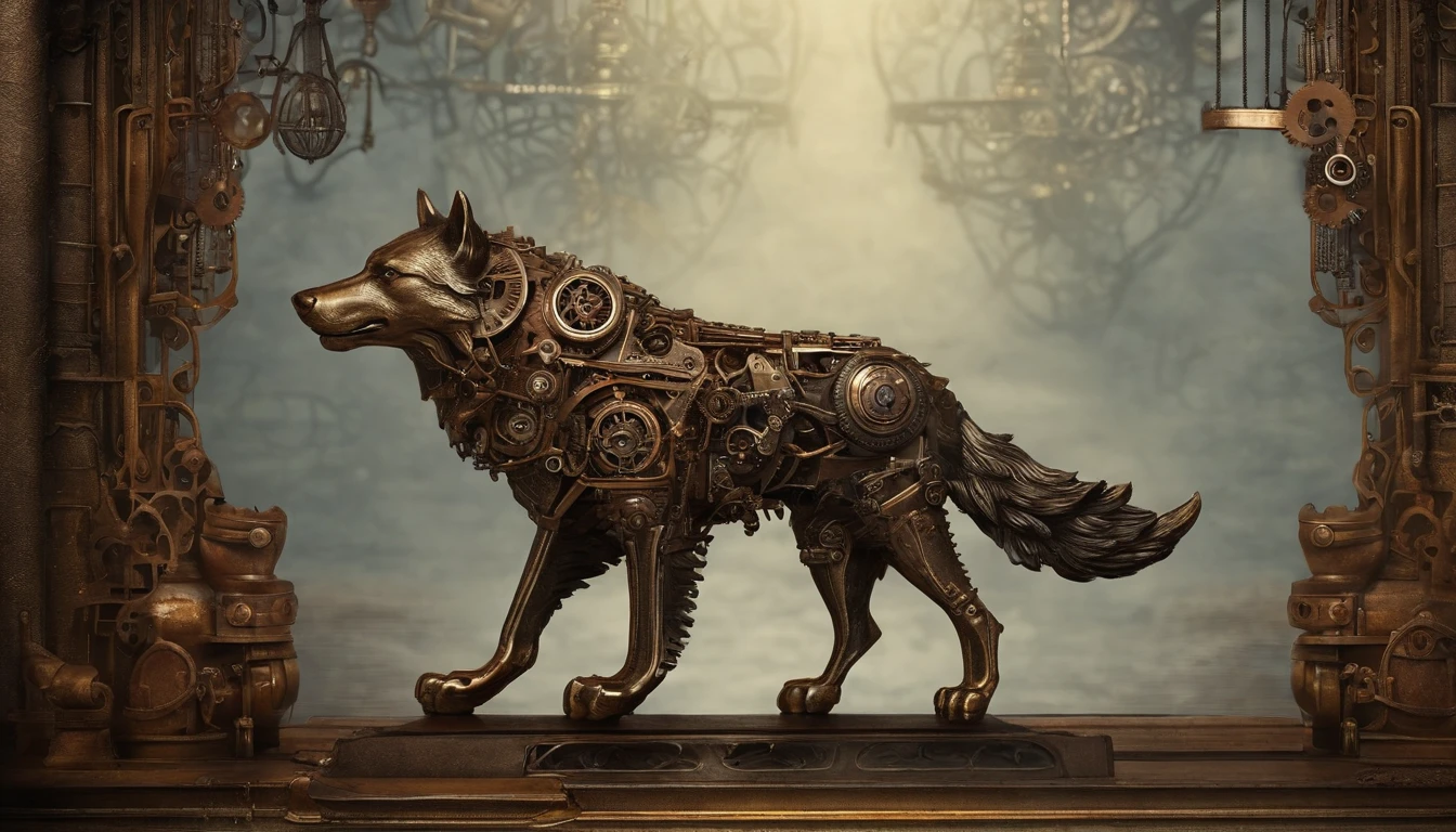 ultra realistic, homem atraente arrojado com cabelo vermelho brilhante, encarna o olhar como Constantino, Shadow creature standing behind him in the form of a wolf
