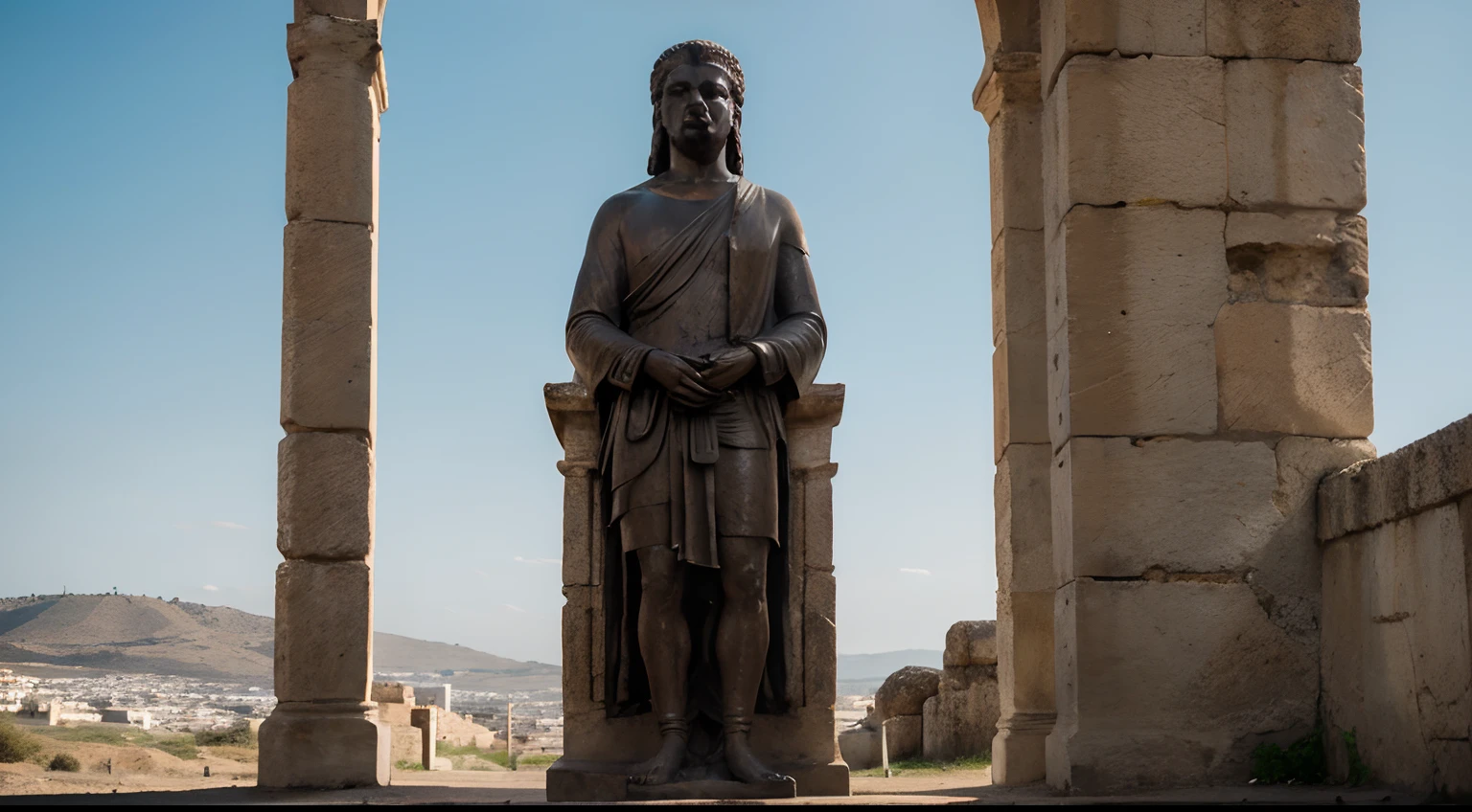 Ancient Stoic Statue With Very Angry Expression, tem barba, muitos detalhes em ambos os olhos, Outside, fundo atenas grego, open sky, com rosto extremamente detalhado full body view, Colors with low saturation with dark tone, Filmado em Sony A7S III com Sony FE 35mm f/1.8, 12.1 MP, --AR 3:2 --estilo cru
