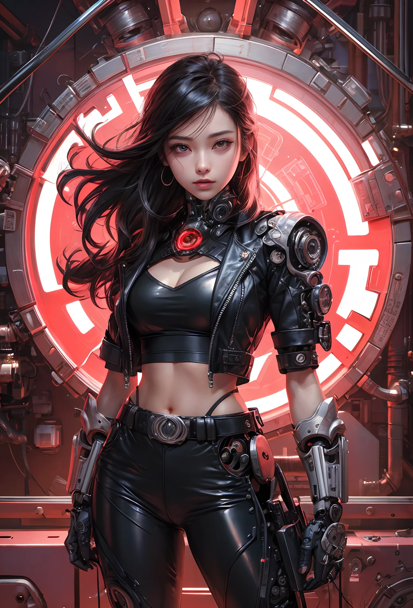 (Detailed illustrations,Very detailed and detailed drawing,Delicate lines with slow and rapid,Realistic texture expression),[Color tressed main line],[Briefing Room Background],([HENTAI] ANIME (JapaneseGirl (Beautiful fece) Cyborg ) [Wild Hair]) well-muscled [[KARATE]] Both arms of the machine [Built-in V8 engine:0.3],(Black leather jacket) ([a tiger] Translucent rubber inner) [Tiger Stripe],[[Chrome coating:0.5]],(Science Fiction Mechanical [Bioengineering]),(Intricate and beautiful decoration [Dense detail]),(Fine and beautiful skin expression [Transparency]),[Perfect eye details (Iris beautifully drawn in every detail)[Jewel-like eyes]],[long and beautiful eyelashes],[Meticulously drawn hair [More on beautiful and shiny hair]],(Perfect hand details [Beautiful fingers without breakdowns [Beautiful nails]]),(Perfect Anatomy (Perfectly proportioned)) [[Full body like]],[Ideal color coordination(Accurate simulation of light-material interactions)],(HighQuality,[Precision Detail] hight resolution,(detaileds,high-detail)),[Visual art that conveys a sense of narrative].