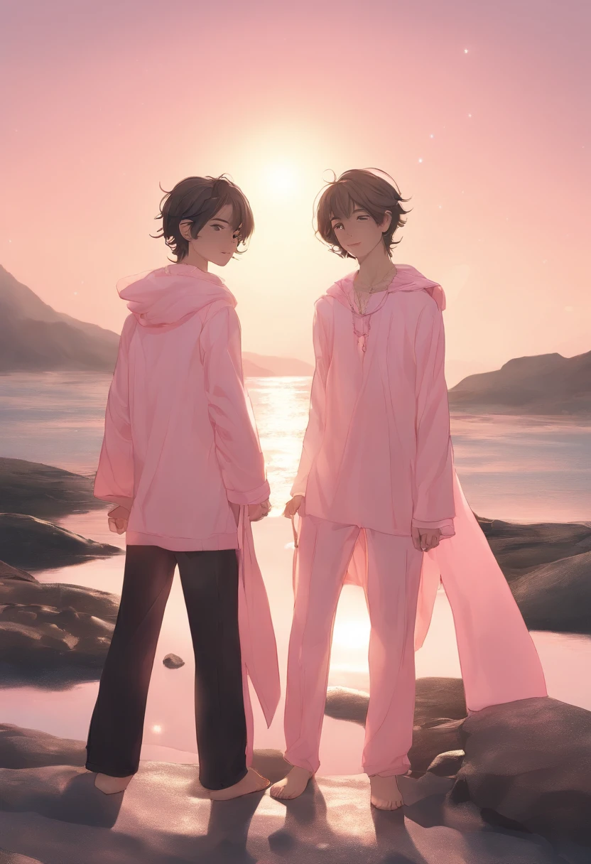 ((Beauty,siblings,male people,twinks,shoun,pinkcolor,Full body,mystical,Standing,))