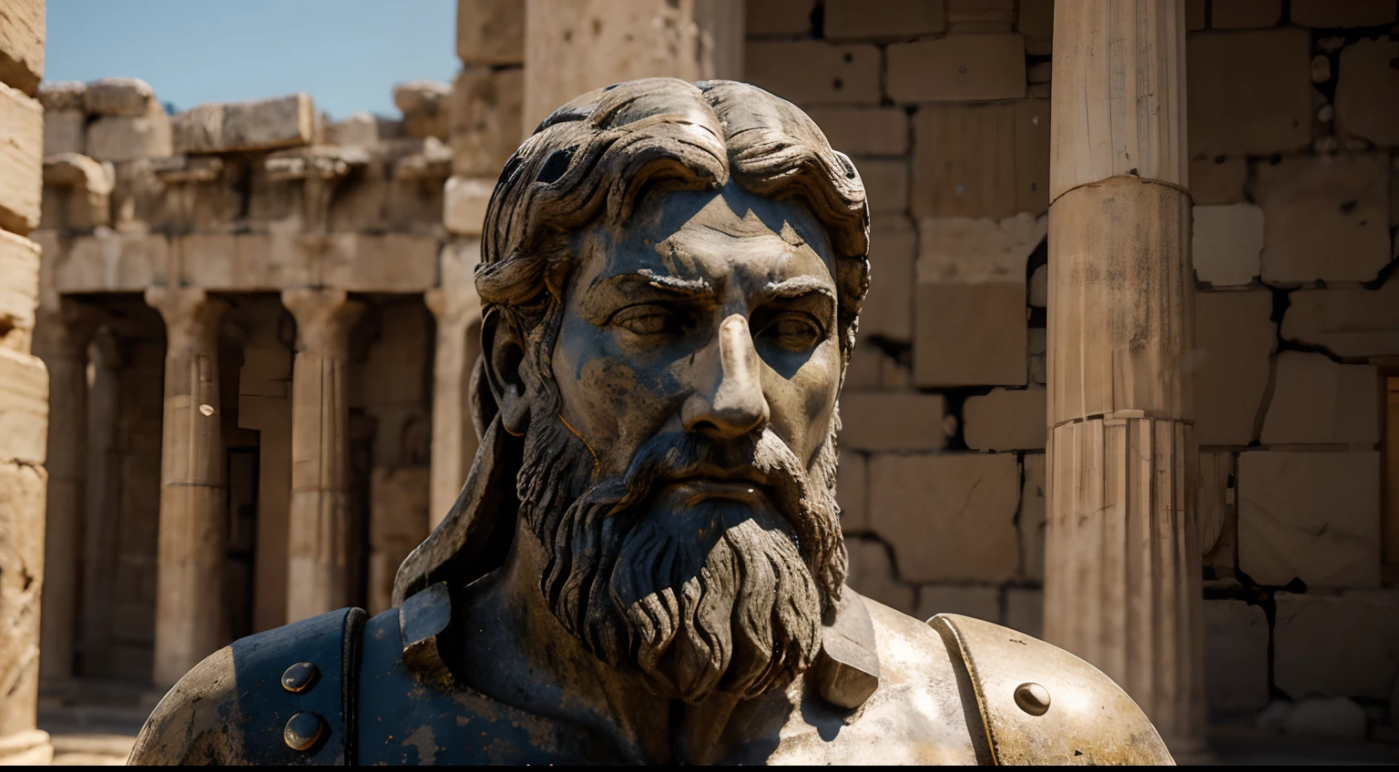 Ancient Stoic Statue With Very Angry Expression, tem barba, muitos detalhes em ambos os olhos, Outside, fundo atenas grego, open sky, com rosto extremamente detalhado full body view, Colors with low saturation with dark tone, Filmado em Sony A7S III com Sony FE 35mm f/1.8, 12.1 MP, --AR 3:2 --estilo cru