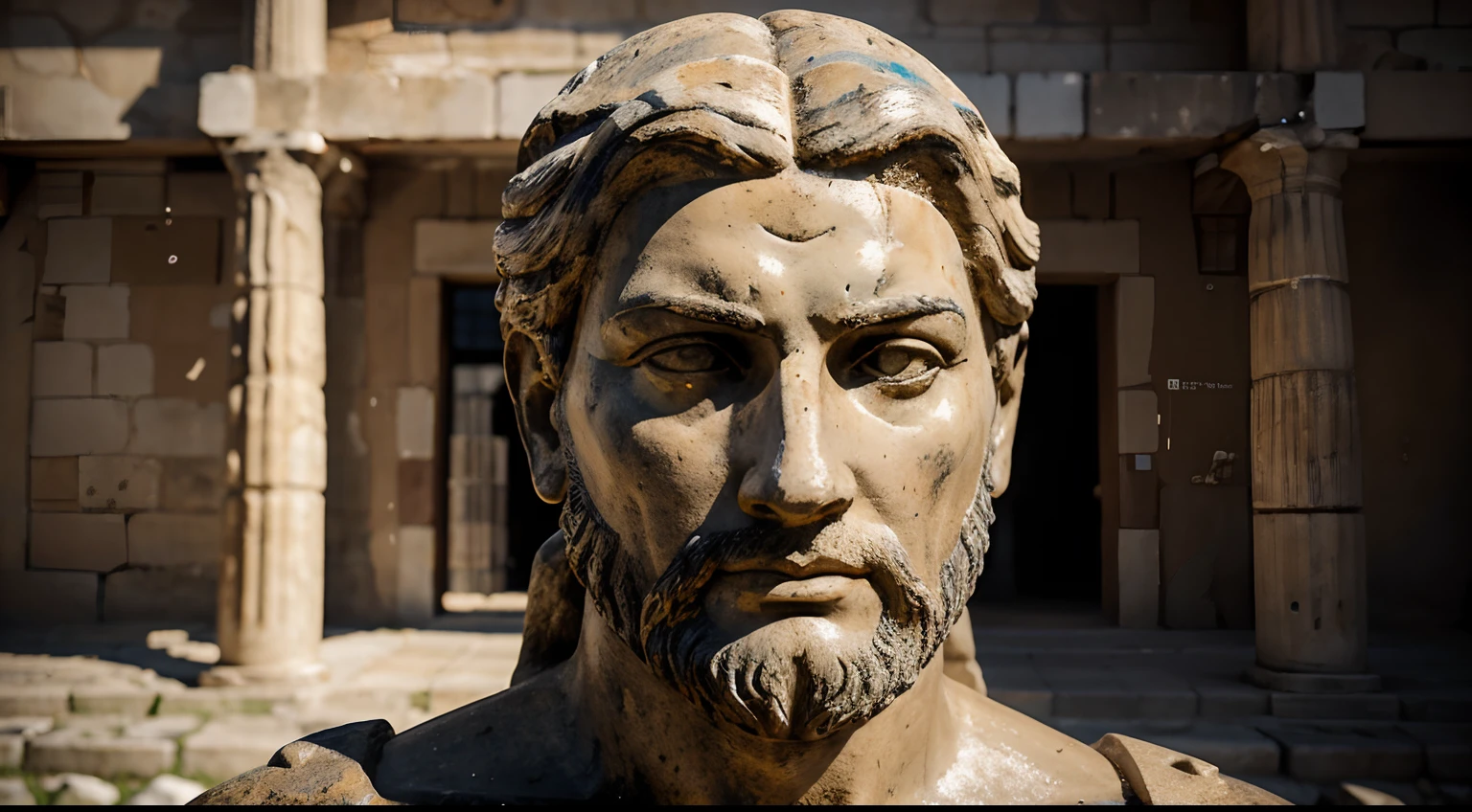 Ancient Stoic Statue With Very Angry Expression, tem barba, muitos detalhes em ambos os olhos, Outside, fundo atenas grego, open sky, com rosto extremamente detalhado full body view, Colors with low saturation with dark tone, Filmado em Sony A7S III com Sony FE 35mm f/1.8, 12.1 MP, --AR 3:2 --estilo cru
