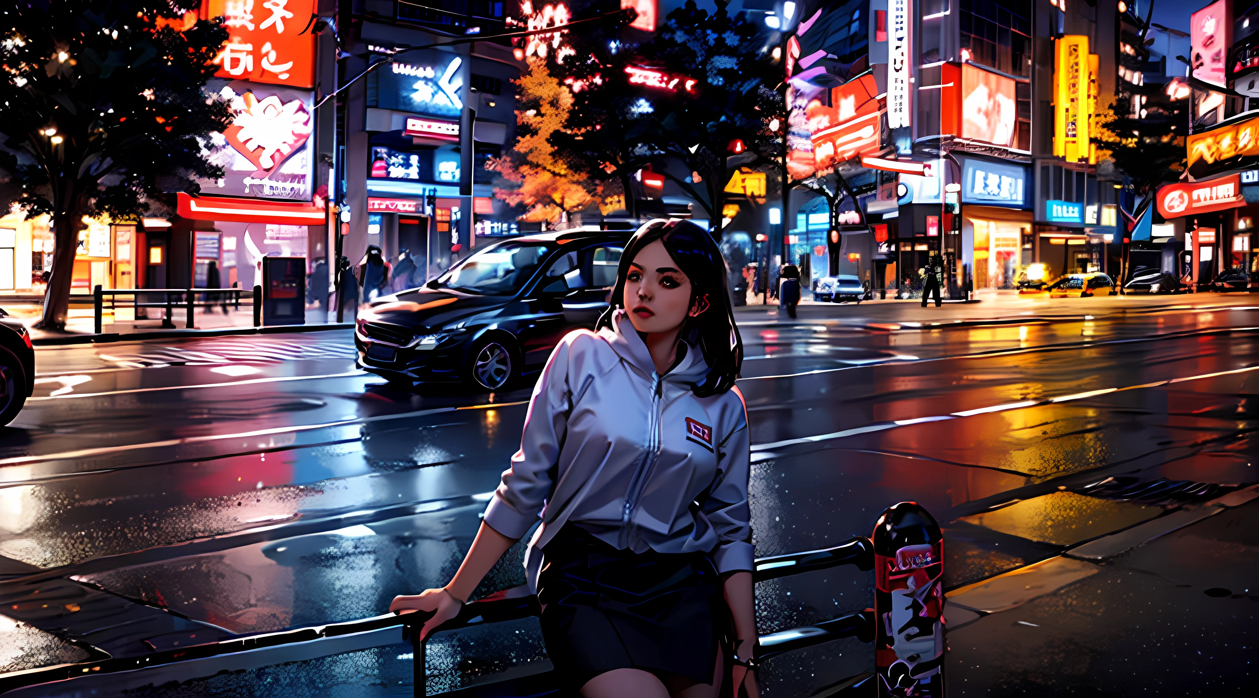 seductive woman in white jacket and slit skirt standing on a bench in a city at night, a sports car behind her in a Tokyo street, sitting in Tokyo, in Tokio, in the streets of Tokyo, in Neo Tokyo, in Neotokyo, taken in 2 0 2 0, in city street, at a city street, posing in neo - tokyo futuristic, chiho, in the city, standing in a city center, super vibrant (cyberpunk), ((beautiful and perfect eyes)), (nsfw)