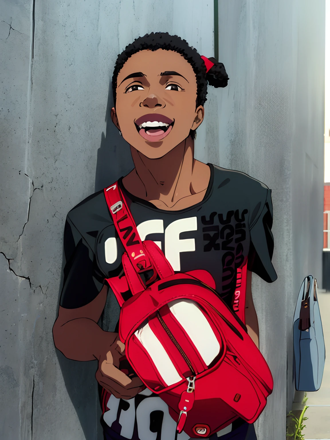 sorridente segurando uma mochila vermelha e uma mochila vermelha com uma faixa preta, Riyahd Cassiem, adolescente negro, taken in the early 2020s, Arik Roper, em torno de 1 9 anos, bladee from drain gang, foto de perfil 1024px, foto do perfil, taken in the late 2010s