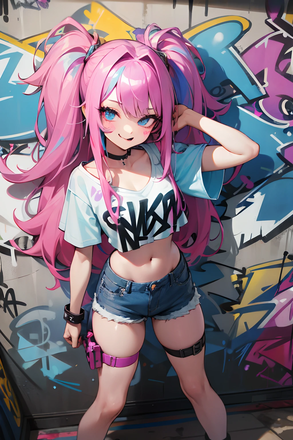 (masterpiece), best quality, (Professional Photography:1.2), (High Definition:1.3), from above,1girl, cute teenage girl, ragged short crop top, denim shorts, choker, (graffiti:1.5), very messy long hair, paint splatter, against wall,, armband, thigh strap, (paint on body), head tilt, (evil smile, tongue out), multicolored hair, (sparkle eyes), headset, pale blue