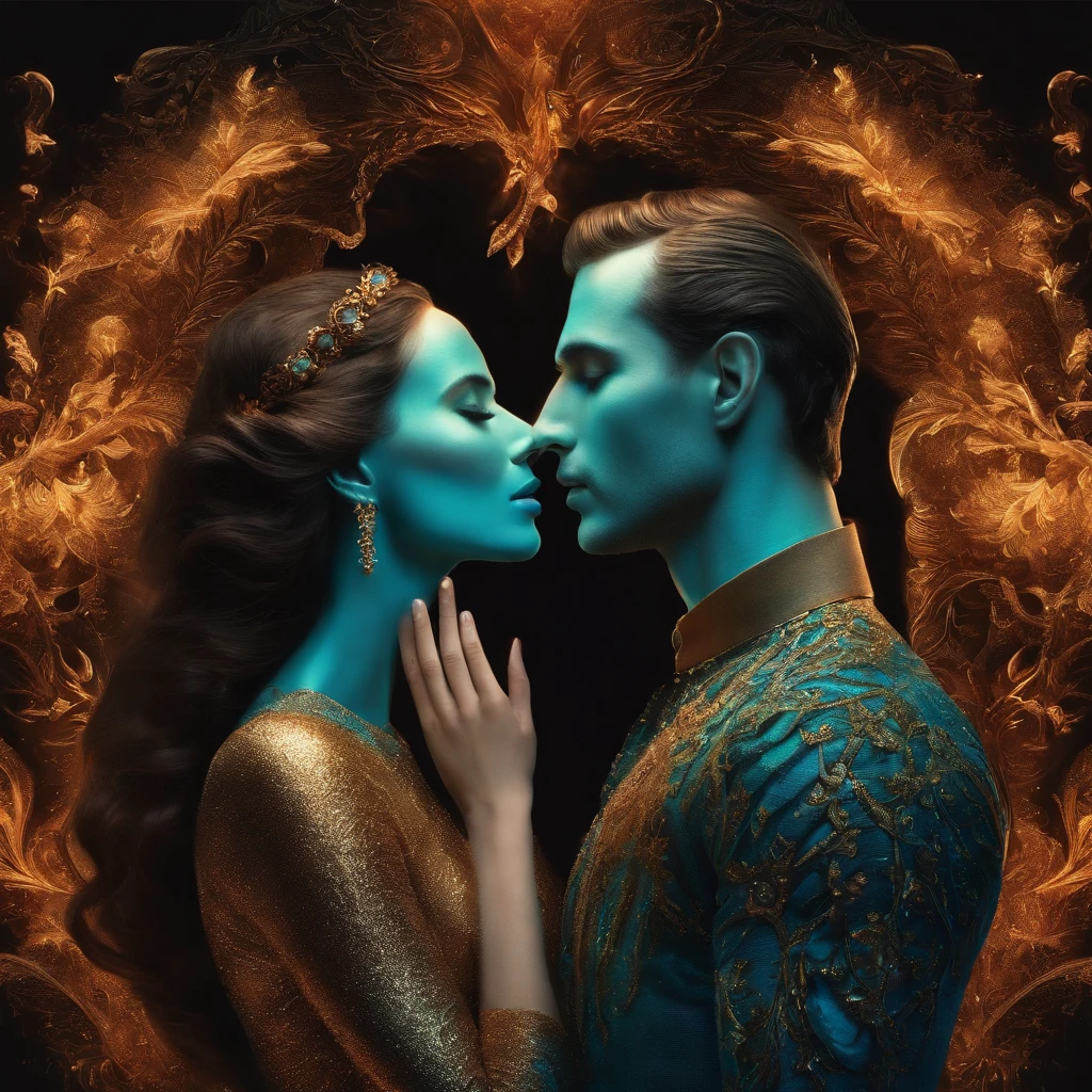 Luxury product style a man and a woman standing next to each other with fire coming out of them, Tumblr, psychedelic art, 😃😀😄☺🙃😉😗, Baiser charmant, Couleurs bleues et cyan, Beautiful details and colors, sombre et complexe, embrasser, .very realistic, kissing nicely together, Primordial Duality, beautiful avatar pictures, highly intricate and colorful . elegant, Sophisticated, haut de gamme, luxueux, professionnel, highly detailed, Broken glass effect, no background, stunning, something that doesn't even exist, Being mythical, energy, molecular, Textures, Iridescent and luminescent scales, Breathtaking beauty, Perfection pure, Divine presence, inoubliable, impressionnant, Breathtaking beauty, volumettic light, auras, Rayons, Bright colors reflect