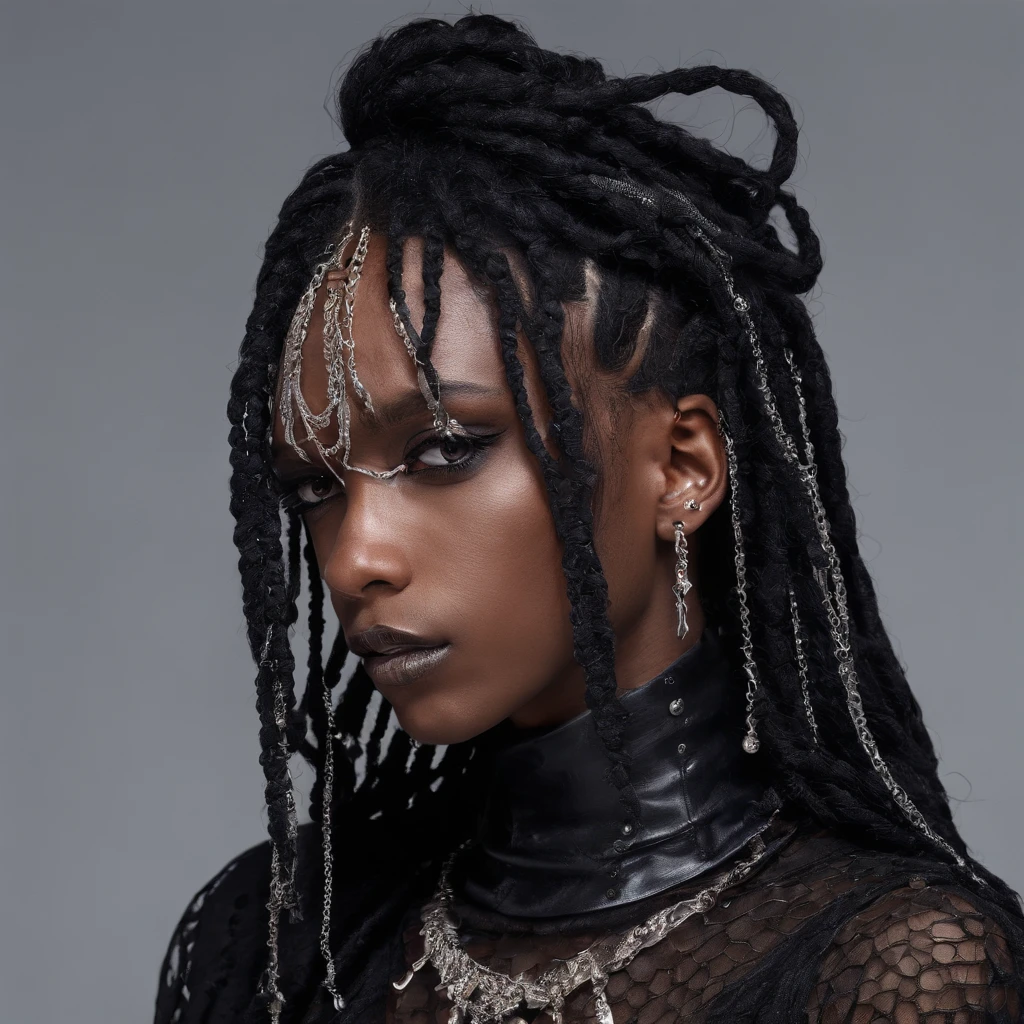 Black boy with gothic net symbolic clothes and diamond jewelry, black color hair, dreadlocks