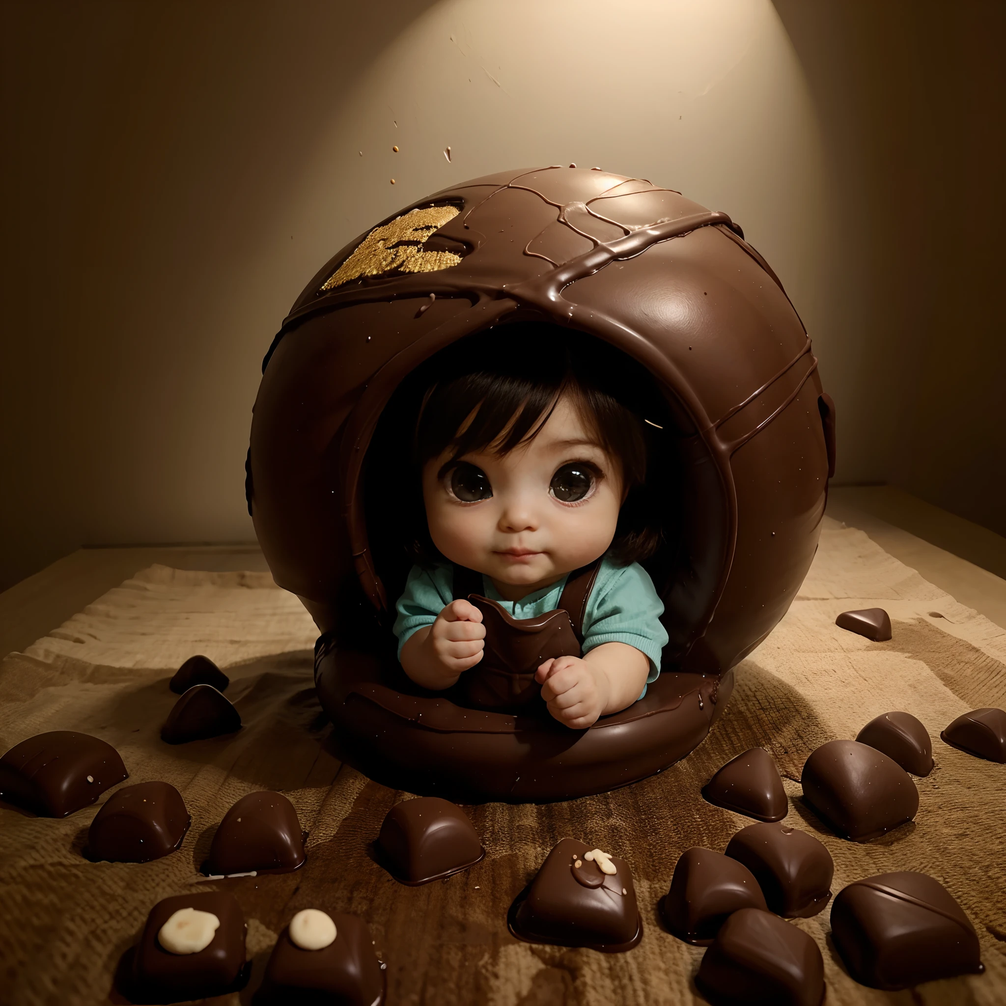 Baby Chibi Sitting on a Giant Chocolate Candy,ultra-detalhado,cores vibrantes,soft lighting,master part