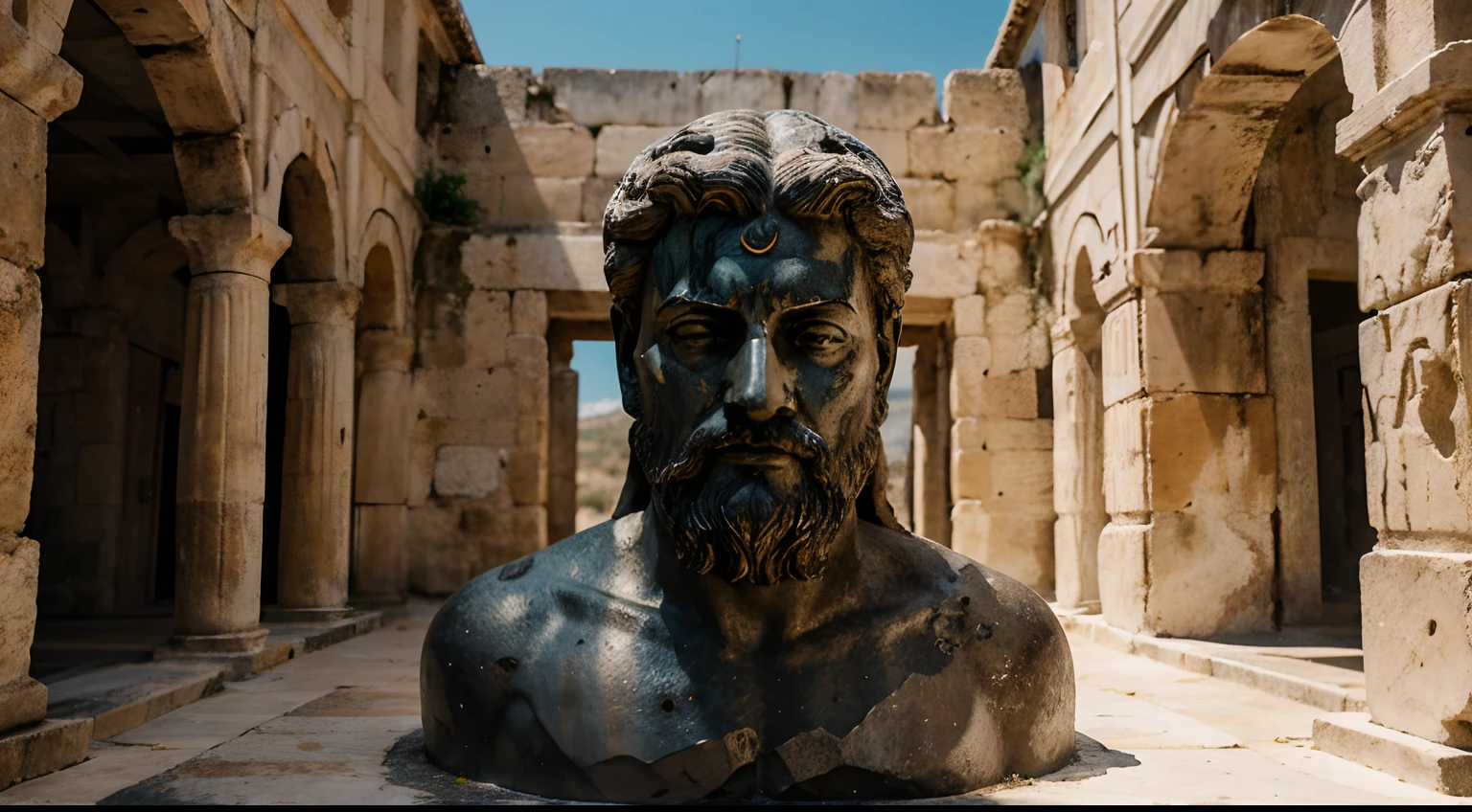 Ancient Stoic Statue With Very Angry Expression, tem barba, muitos detalhes em ambos os olhos, Outside, fundo atenas grego, open sky, com rosto extremamente detalhado full body view, Colors with low saturation with dark tone, Filmado em Sony A7S III com Sony FE 35mm f/1.8, 12.1 MP, --AR 3:2 --estilo cru