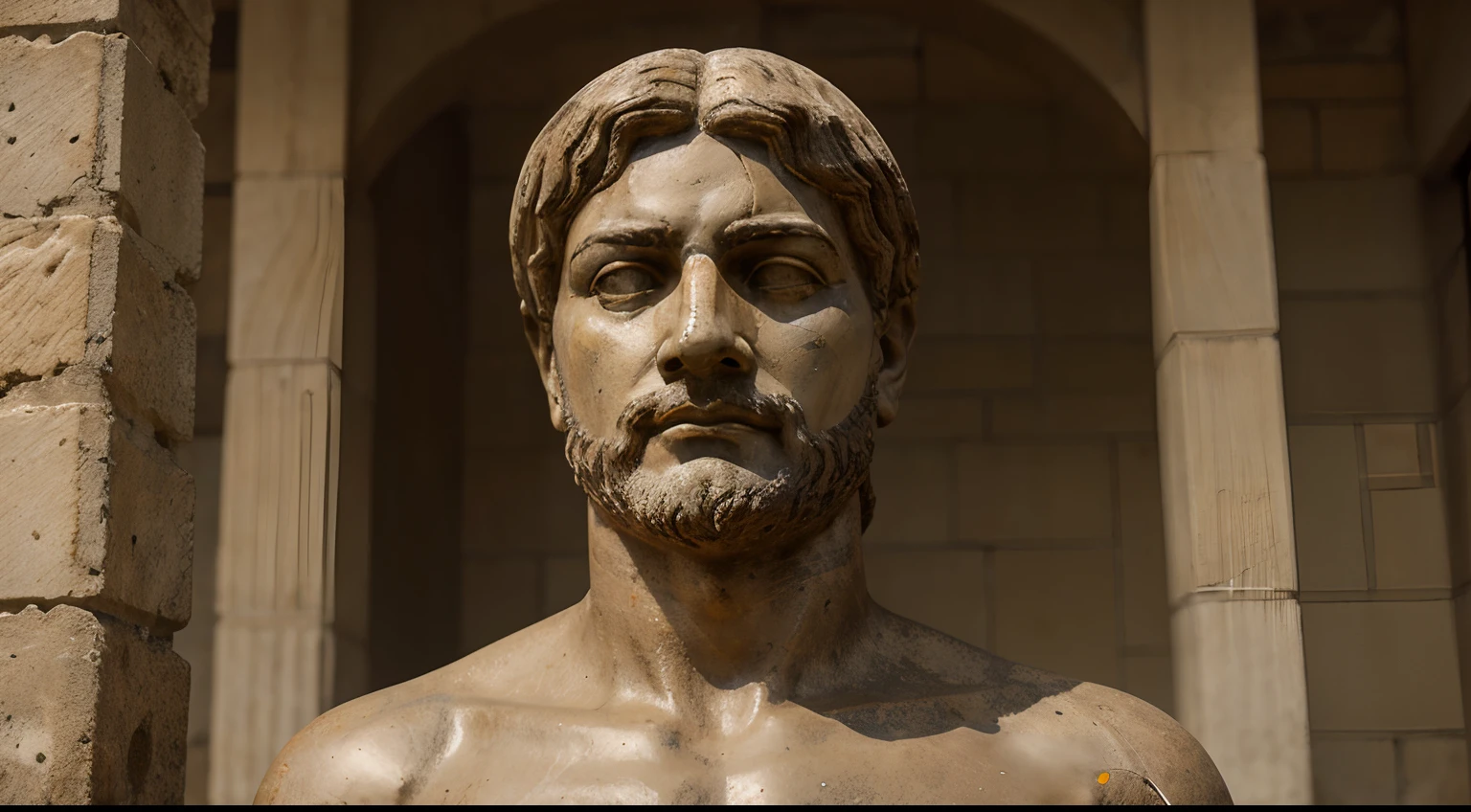 Ancient Stoic Statue With Very Angry Expression, tem barba, muitos detalhes em ambos os olhos, Outside, fundo atenas grego, open sky, com rosto extremamente detalhado full body view, Colors with low saturation with dark tone, Filmado em Sony A7S III com Sony FE 35mm f/1.8, 12.1 MP, --AR 3:2 --estilo cru