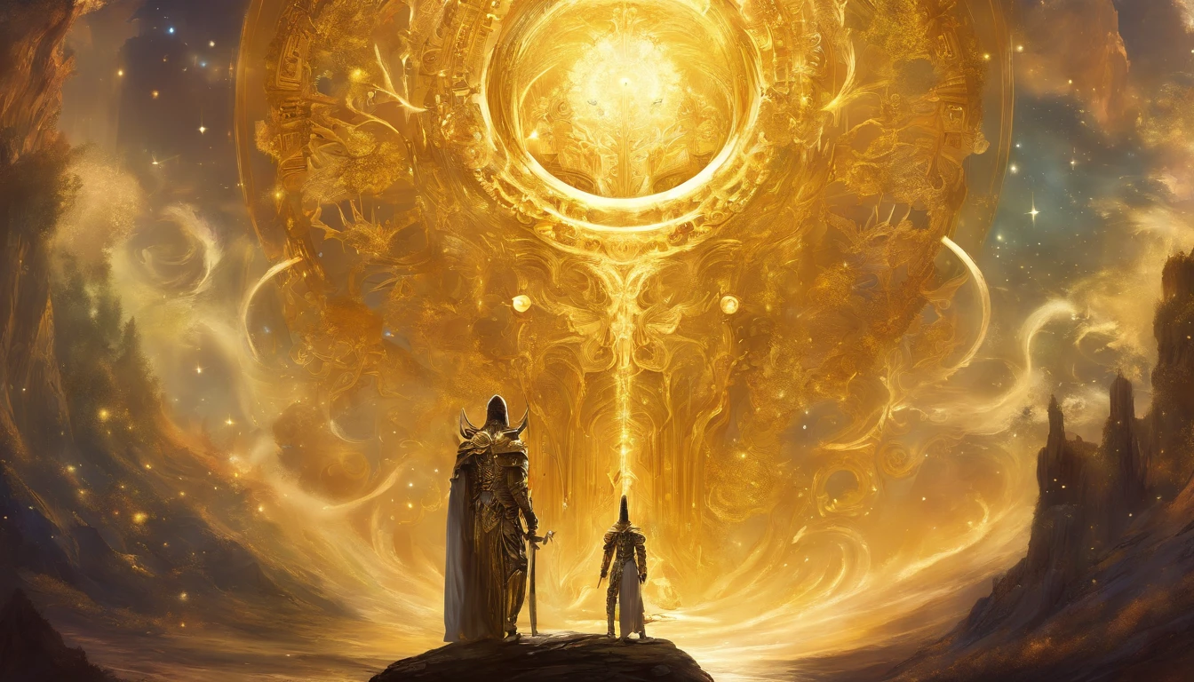 cosmic godes holy. sword. golden armour. giant. space.