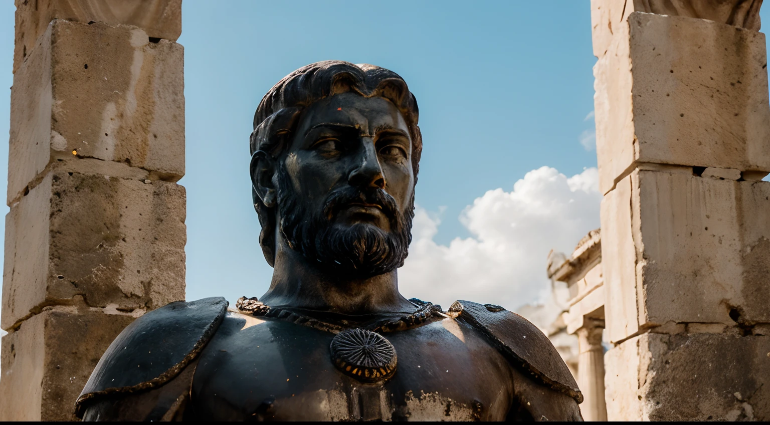 Ancient Stoic Statue With Very Angry Expression, tem barba, muitos detalhes em ambos os olhos, Outside, fundo atenas grego, open sky, com rosto extremamente detalhado full body view, Colors with low saturation with dark tone, Filmado em Sony A7S III com Sony FE 35mm f/1.8, 12.1 MP, --AR 3:2 --estilo cru