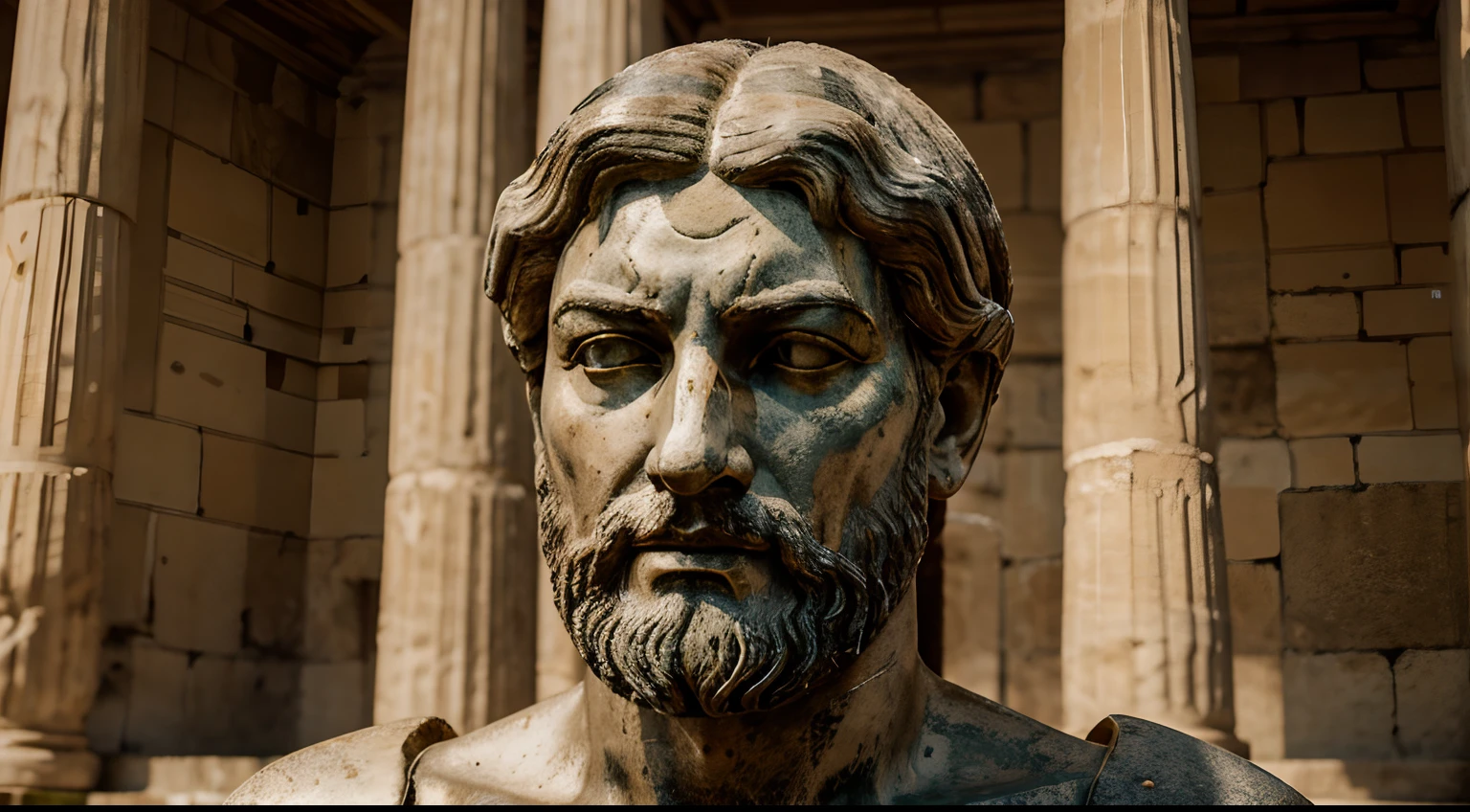 Ancient Stoic Statue With Very Angry Expression, tem barba, muitos detalhes em ambos os olhos, Outside, fundo atenas grego, open sky, com rosto extremamente detalhado full body view, Colors with low saturation with dark tone, Filmado em Sony A7S III com Sony FE 35mm f/1.8, 12.1 MP, --AR 3:2 --estilo cru