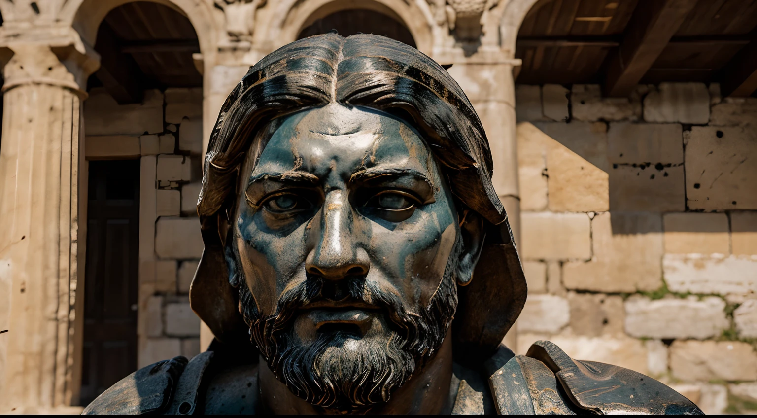 Ancient Stoic Statue With Very Angry Expression, tem barba, muitos detalhes em ambos os olhos, Outside, fundo atenas grego, open sky, com rosto extremamente detalhado full body view, Colors with low saturation with dark tone, Filmado em Sony A7S III com Sony FE 35mm f/1.8, 12.1 MP, --AR 3:2 --estilo cru