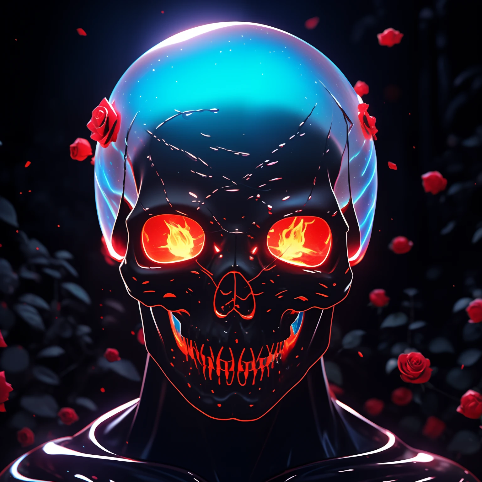 A close-up of a skull，eyes glowing，The head glows, fantasy skull, skull like, Glass skull, Glowing bones, ((skull)), Glowing red skull, Skull head, Crystal skull, skeleton face, Glowing red skull, skull liminal void background, Glass skull, Metal skull with red eyes, Scary color art in 4 K, background artwork, Burning skull, Scary digital art, 3D digital art 4K, fiery skull contemplating life, 4k highly detailed digital art，(Best quality, Ultra-detailed, Realistic:1.37,Bloodthirsty roses wrapped around the skeleton，Colorful butterflies surround the skeleton)，