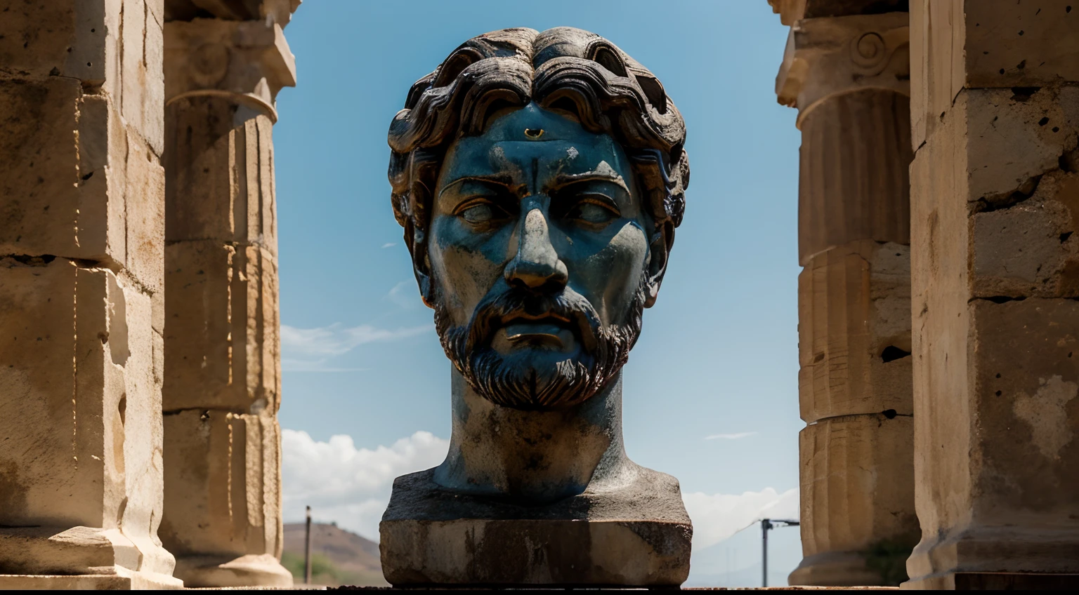Ancient Stoic Statue With Very Angry Expression, tem barba, muitos detalhes em ambos os olhos, Outside, fundo atenas grego, open sky, com rosto extremamente detalhado full body view, Colors with low saturation with dark tone, Filmado em Sony A7S III com Sony FE 35mm f/1.8, 12.1 MP, --AR 3:2 --estilo cru