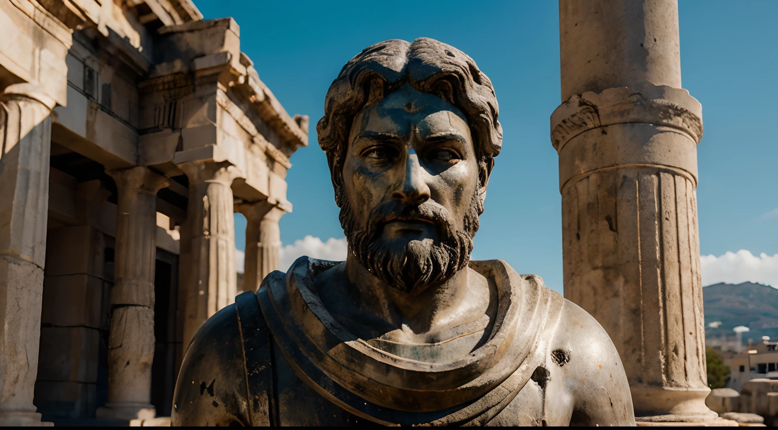 Ancient Stoic Statue With Very Angry Expression, tem barba, muitos detalhes em ambos os olhos, Outside, fundo atenas grego, open sky, com rosto extremamente detalhado full body view, Colors with low saturation with dark tone, Filmado em Sony A7S III com Sony FE 35mm f/1.8, 12.1 MP, --AR 3:2 --estilo cru