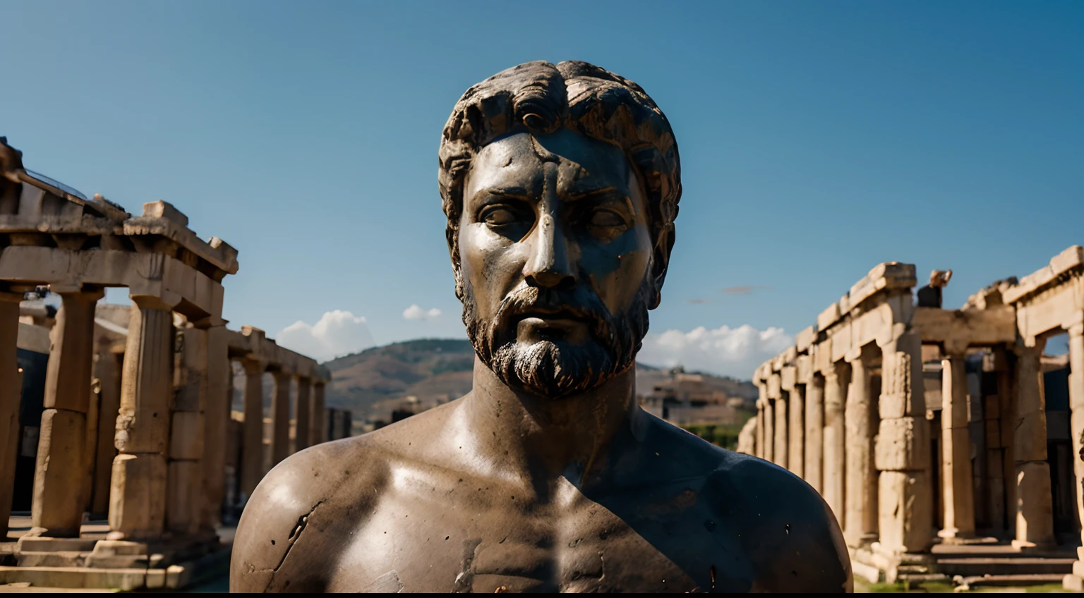 Ancient Stoic Statue With Very Angry Expression, tem barba, muitos detalhes em ambos os olhos, Outside, fundo atenas grego, open sky, com rosto extremamente detalhado full body view, Colors with low saturation with dark tone, Filmado em Sony A7S III com Sony FE 35mm f/1.8, 12.1 MP, --AR 3:2 --estilo cru