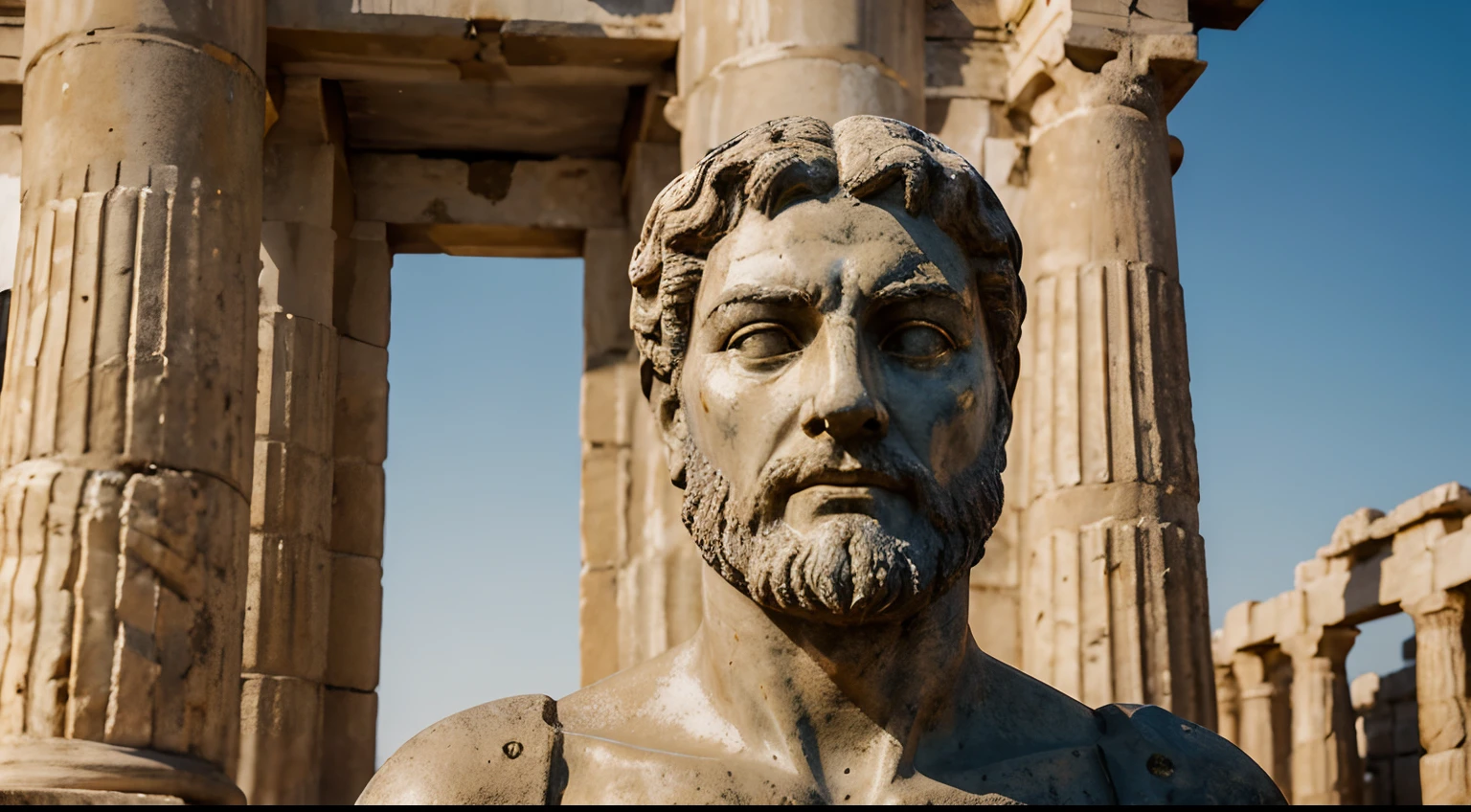 3D image of an ancient greek society deeply connected to stoicism, black ,white ,and red ancient greek architecture, include one single big statue of a stereotypical strong greek man, seneca