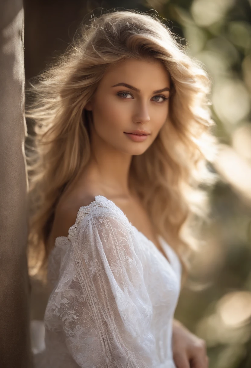 "jeune fille blonde de 19ans aux cheveux longs, sexy, fixant l'objectif,yeux sont d'un brun profond, mesmerizing and sparkling, attirante, Her lips are soft, natural in colour and slightly luscious, She has a slender and graceful silhouette, highlighting her femininity, Her style of dress is modern and fashion-forward, with a preference for outfits that highlight her natural beauty, elle porte une tenue sexy,son sourire est contagieux,His overall physical appearance is simply irresistible."